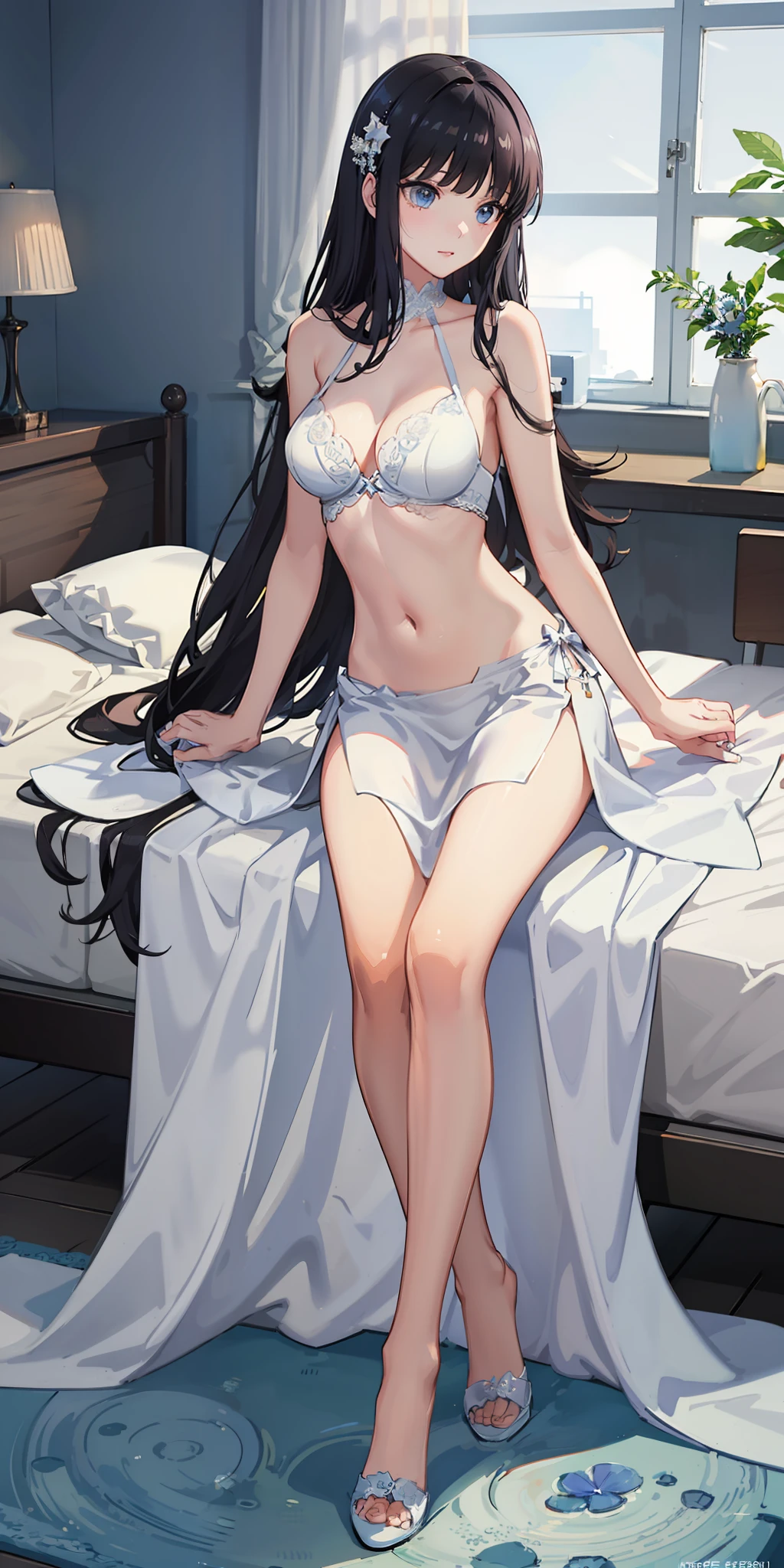 masterpiece, best quality, ultra-detailed, illustration,1girl,
long hair, black hair, 
medium breast,  white gown, slim legs, navel, nervous, bedroom, leaning