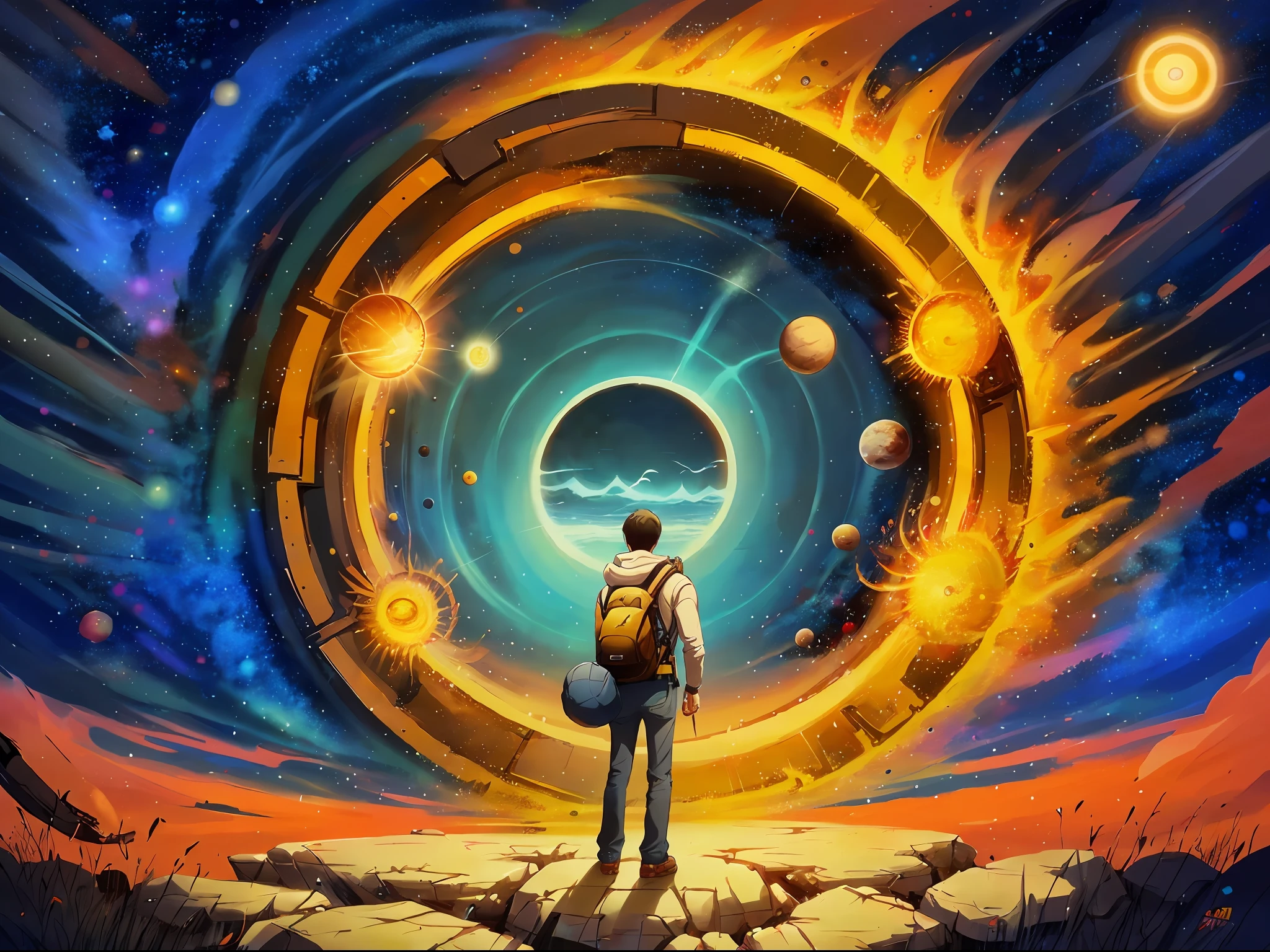 a man standing in front of a space portal with a view of the sun, cyril rolando and goro fujita, portal to another universe, inspired by Cyril Rolando, portal to another dimension, world seen only through a portal, high quality fantasy stock photo, portal to another world, portal to outer space, in style of cyril rolando, looking out into space