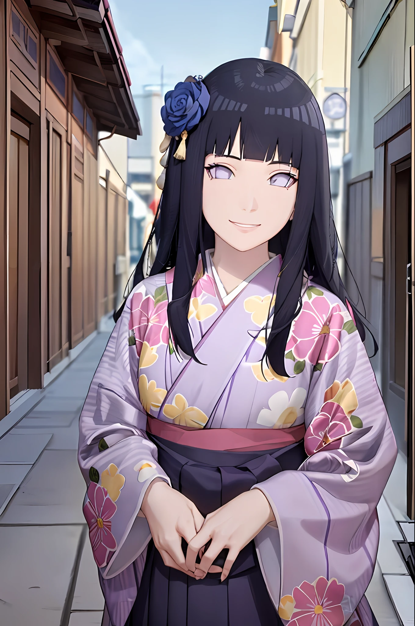 hakama skirt, 1girl, solo, outdoor, cute japanese model girl, floral print, hair ornament, kimono, hakama, bangs, masterpiece, best quality, purple eyes, dark blue hair, long hair, blunt bangs, smile, cute, pretty, beautiful, detailed character