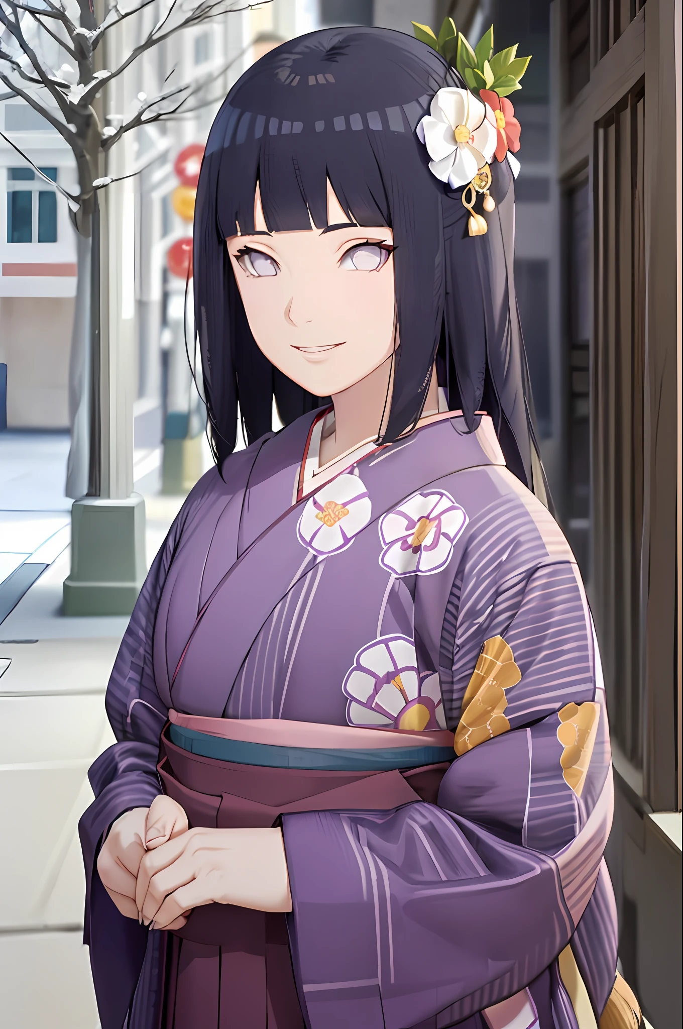 hakama skirt, 1girl, solo, outdoor, cute japanese model girl, floral print, hair ornament, kimono, hakama, bangs, masterpiece, best quality, purple eyes, dark blue hair, long hair, blunt bangs, smile, cute, pretty, beautiful, detailed character