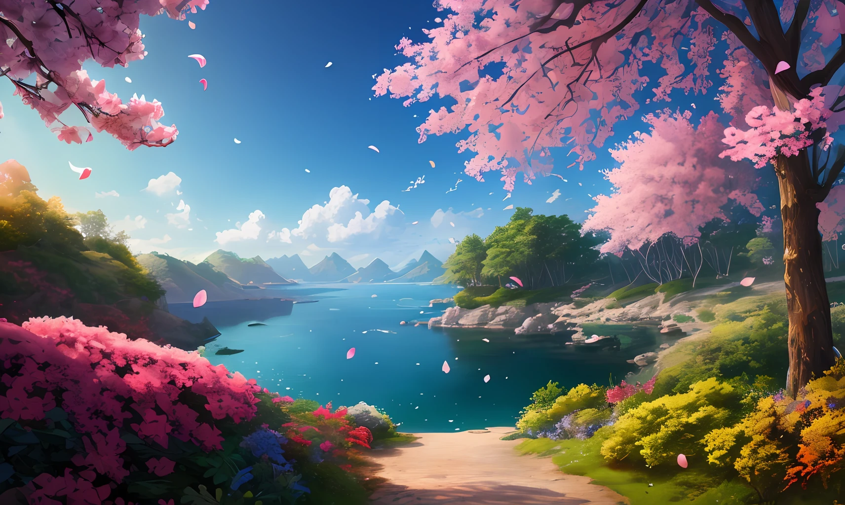 Masterpiece, best quality, (very detailed CG unity 8k wallpaper) (best quality), (best illustration), (best shadows) Nature', blue sea,delicate leaves petals of various colors falling in the air light Tracking, super detailed --v6