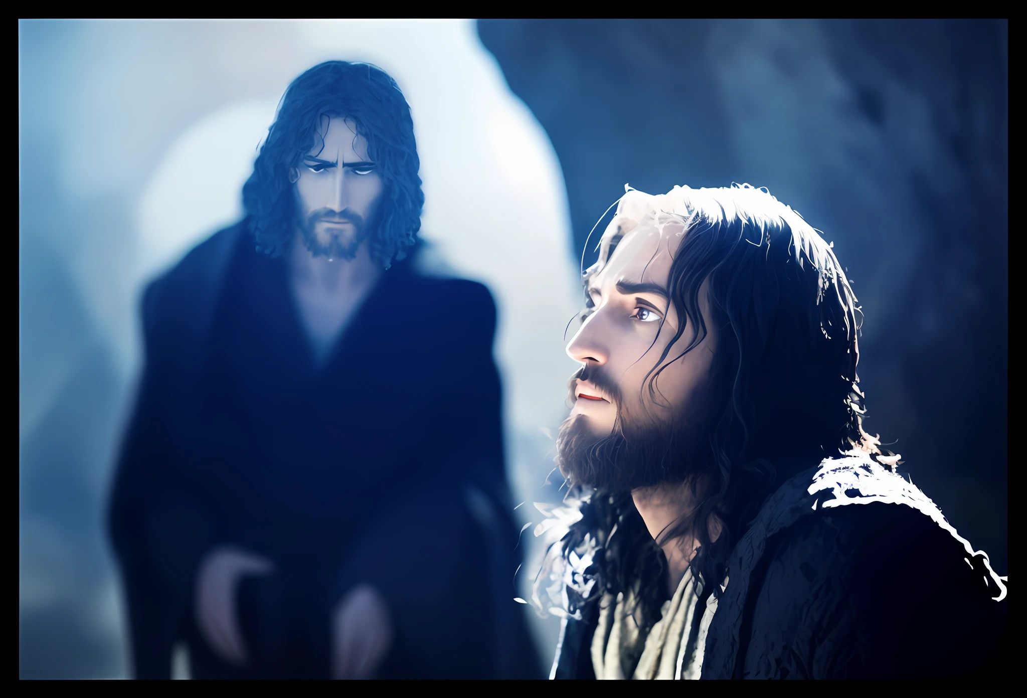 create an image of Jesus in the desert praying and being tempted by satan, uma figura de mulher no fundo