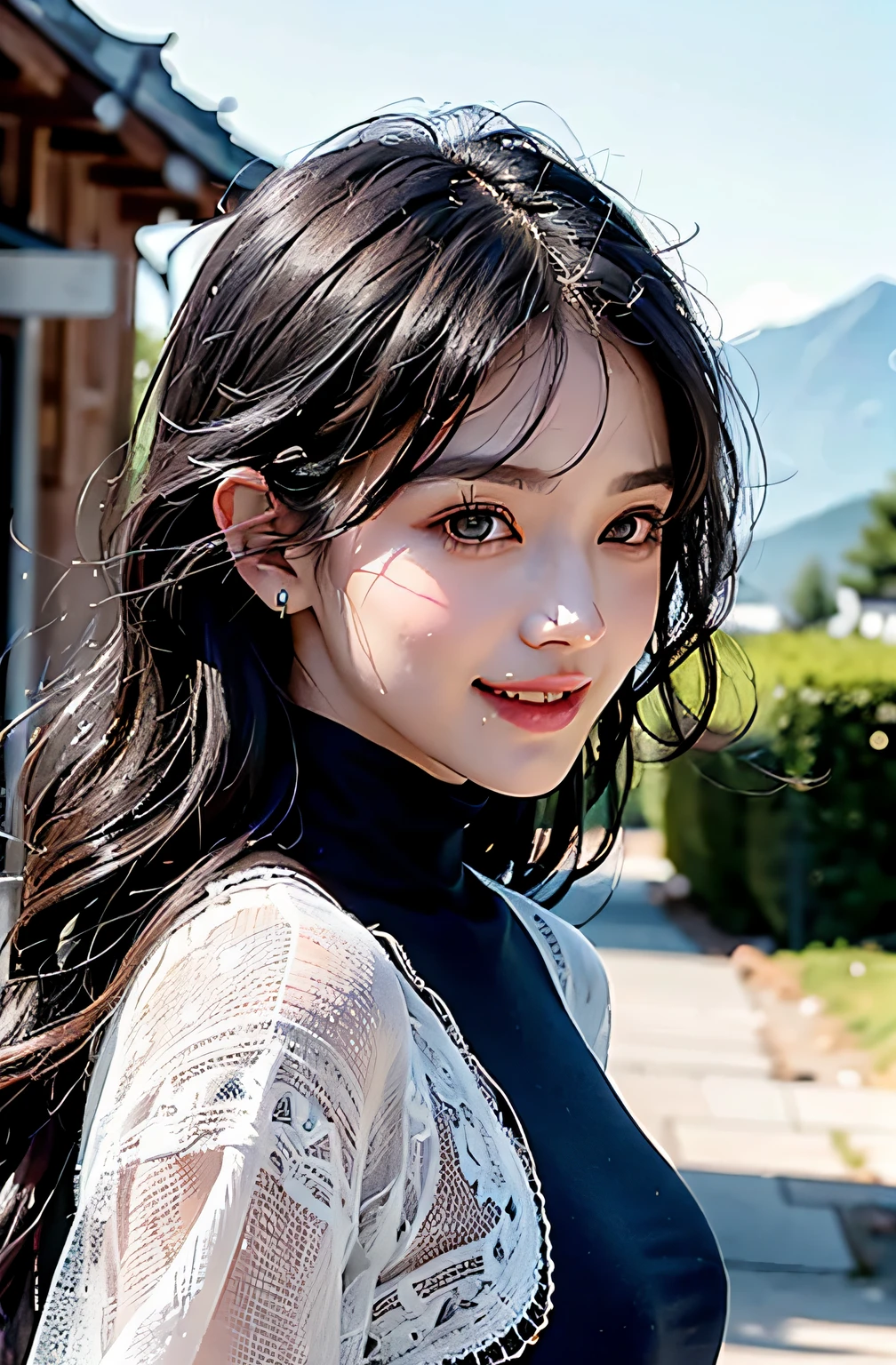 highly best quality、A masterpice、photoRealstic、intricated details、Raw foto、Photon Rendering、Octane Rendering、absurdist、ultra detaild、detailed faces、Detailed skin、trend in ArtStation、8K masterpiece、lighting similar to that in a movie、( (1girls))、((独奏) ))、((Behold))、CG Social Trends、Plastic En、((Black Long Hair))、((a beautiful women))、(smile on face)、Dark blue clothes、(White Skin Skin)、Fashionable、A sexy、hair flowing in wind、((Flowing hair))、happy、fashion magazine、((lighting similar to that in a movie))、mountain hut、