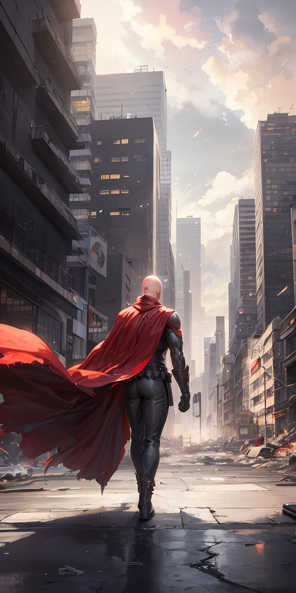 arafed man walking in the city with red cape, metabaron, handsome saitama, hero posing with colorful city lights, 8k evil anime, bald middle aged superhero, saitama portrait , anime epic artwork, stylized urban fantasy artwork, yellow full body outfit with red cape, 8k comic wallpaper, he's walking through a city in the dark.