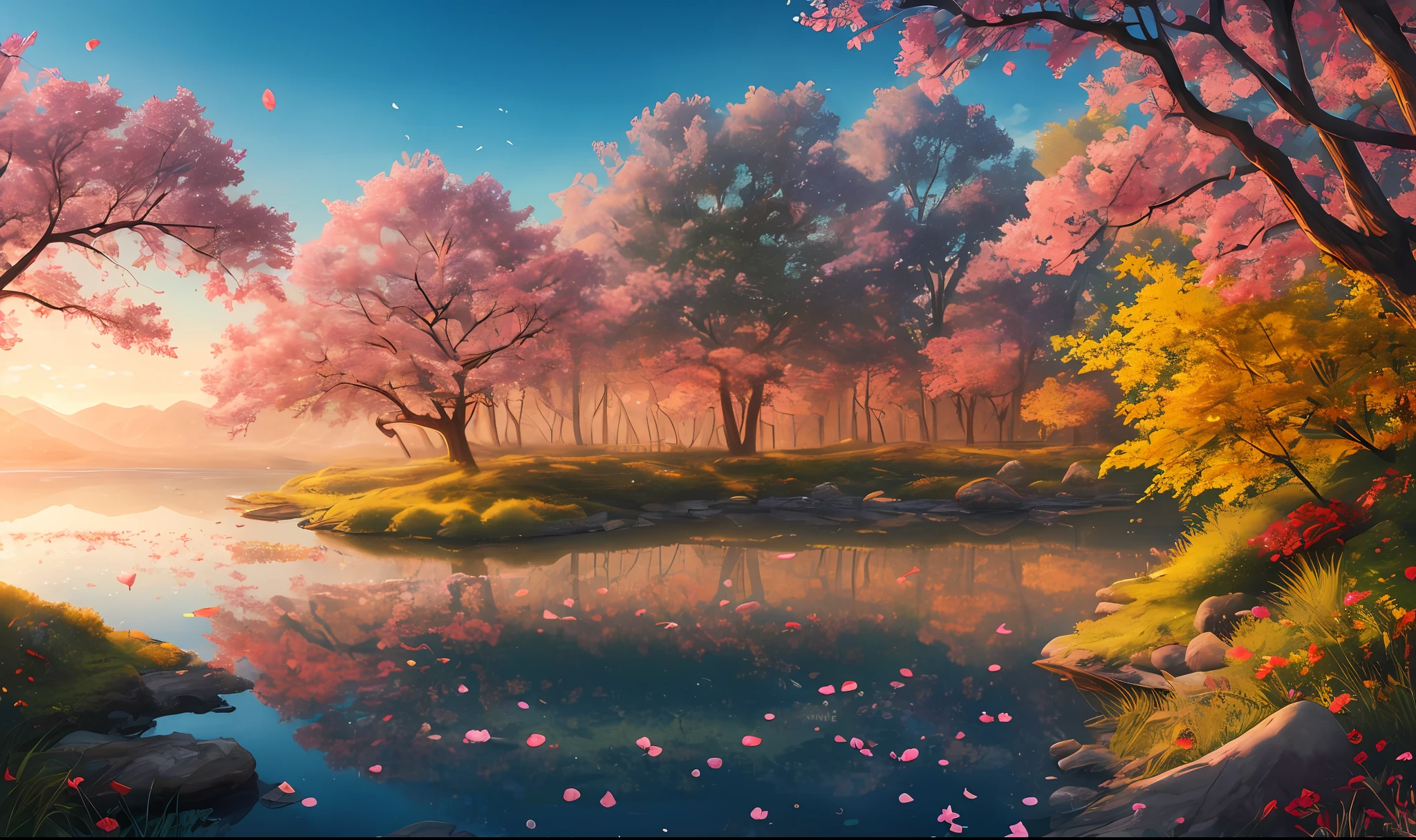 Masterpiece, best quality, (very detailed CG unity 8k wallpaper) (best quality), (best illustration), (best shadows) Nature&#39, blue sea,delicate leaves petals of various colors falling in the air light Tracking, super detailed --v6