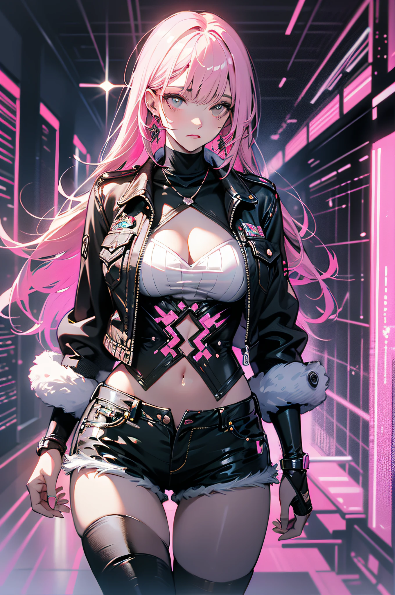 Highest image quality, nmasterpiece, Beautiful CG, Rich in graphics, Absolutely beautiful, attractive cleavage, Impeccable, Dreamy retouching, ultraclear, high-definition, Advanced rendering, Teenager Girl, （pink  hair）, Denim jacket, denim short shorts, Leg Ring, boots, Blow bubble gum, Walk the streets, Lights are on both sides of the street, neon lit, Contre-Jour, cool tone, streaked hair, pink hair, holding breath, Cinematic lighting, anime, high detail, chiaroscuro, glowing light, character chart, cowboy shot, blurry foreground, UHD, textured skin, award winning, best quality, best quality, ccurate, high details, highres, high quality, anatomically correct, 1080P