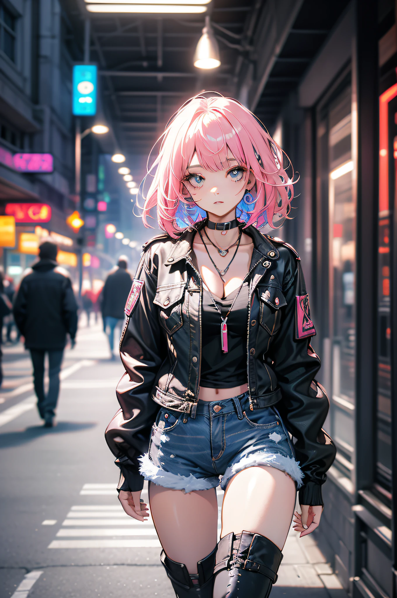 Highest image quality, nmasterpiece, Beautiful CG, Rich in graphics, Absolutely beautiful, attractive cleavage, Impeccable, Dreamy retouching, ultraclear, high-definition, Advanced rendering, r Girl, （pink  hair）, Denim jacket, denim short shorts, Leg Ring, boots, Blow bubble gum, Walk the streets, Lights are on both sides of the street, neon lit, Contre-Jour, cool tone, streaked hair, pink hair, holding breath, Cinematic lighting, anime, high detail, chiaroscuro, glowing light, character chart, cowboy shot, blurry foreground, UHD, textured skin, award winning, best quality, best quality, ccurate, high details, highres, high quality, anatomically correct, 1080P