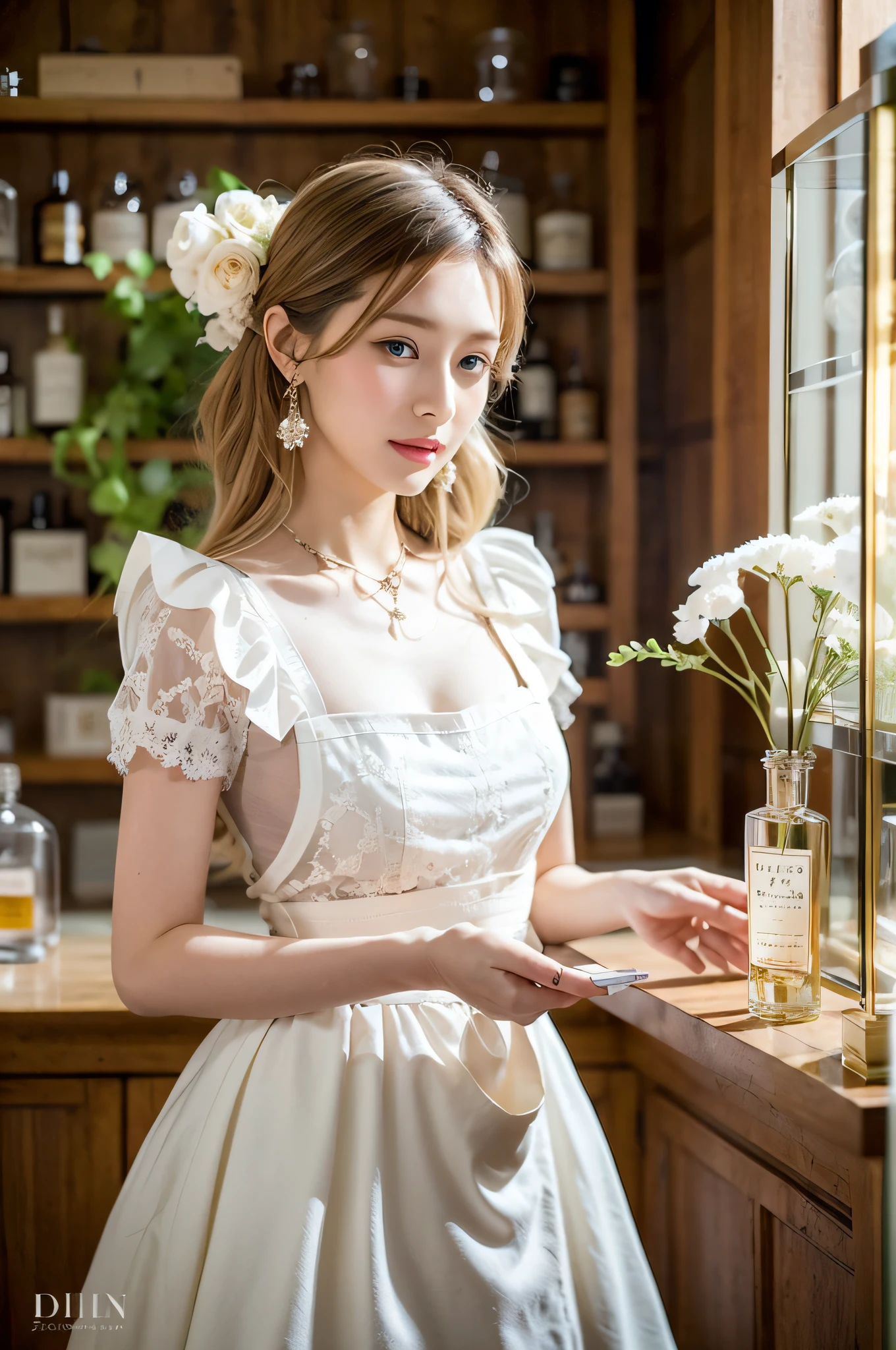 Perfumer, A (pretty young woman:1.1) with elegant, coiffed blonde hair, piercing blue eyes, fair skin, wearing a chic (work dress:1.2), often white, with a delicate lace apron, (perfume bottles:1.1). She works in a luxurious perfume lab in Grasse, with rows of tiny vials, distillation equipment, an array of essential oils, and fragrant flowers from the fields nearby.