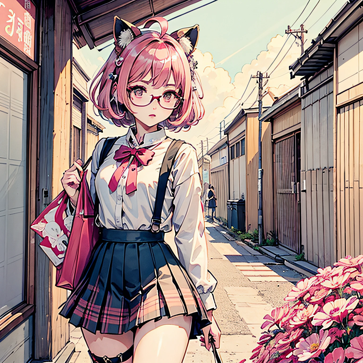 (nmasterpiece:1.2,最佳质量),(dynamic lighting)1lady,独奏,short-length hair,A short skirt,(shiny skins:1.2),Haut du corps,eye glass,modern day,Wavy pink hair,Pink suspenders,Flowers on the ears,Harajuku style,hair pin,Lori,ahoge