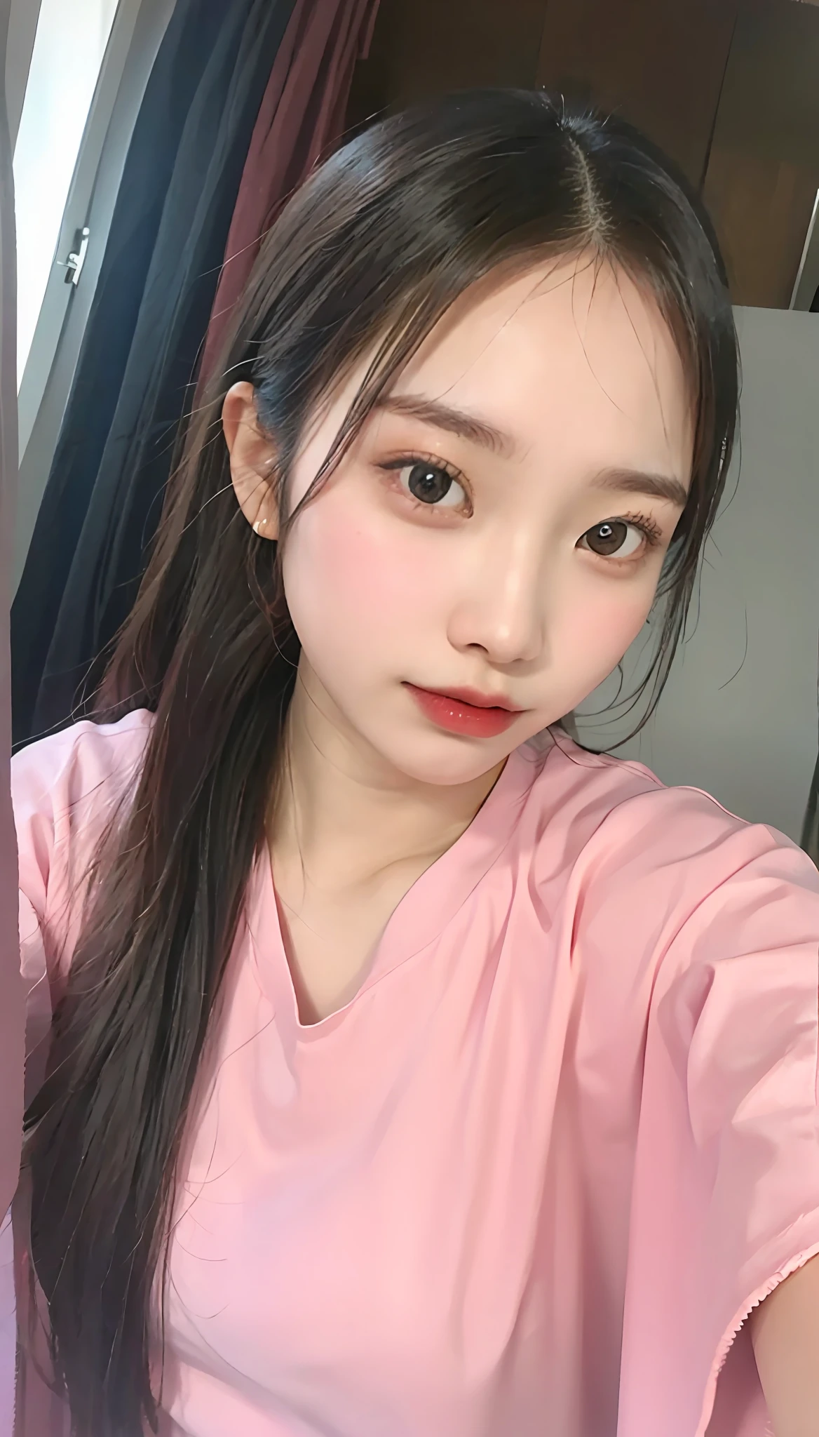 a close up of a woman with long hair wearing a pink shirt, nivanh chanthara, dang my linh, 18 years old, 2 , asian girl, 2 7 years old old, 21 years rs old woman, 3 0 years old woman, 2 3 years old, an asian woman