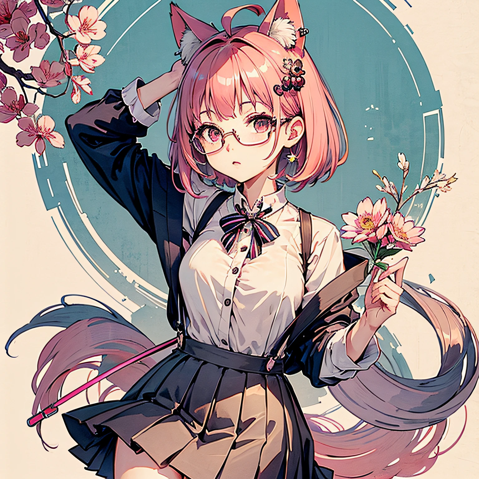 (nmasterpiece:1.2,最佳质量),(dynamic lighting)1lady,独奏,short-length hair,A short skirt,(shiny skins:1.2),Haut du corps,eye glass,modern day,Wavy pink hair,Pink suspenders,Flowers on the ears,Harajuku style,hair pin,Lori,ahoge