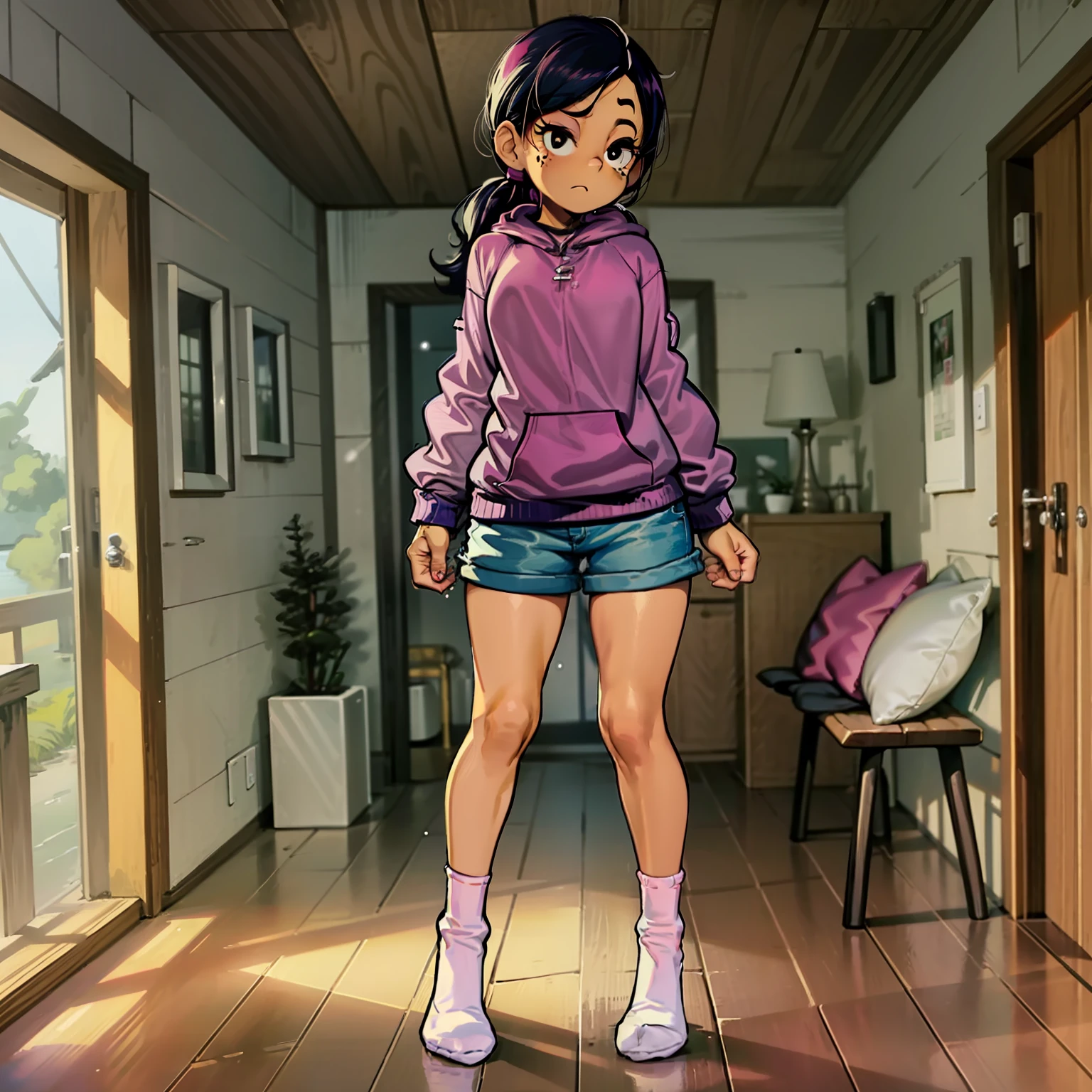 Ronnie Anne, hoodie, shorts, black eyes, ponytail, tanned skin, full body, curvy arms, defined legs, beautiful, pose, long socks, curvilinear legs, standing near the water, in a cabin, winter