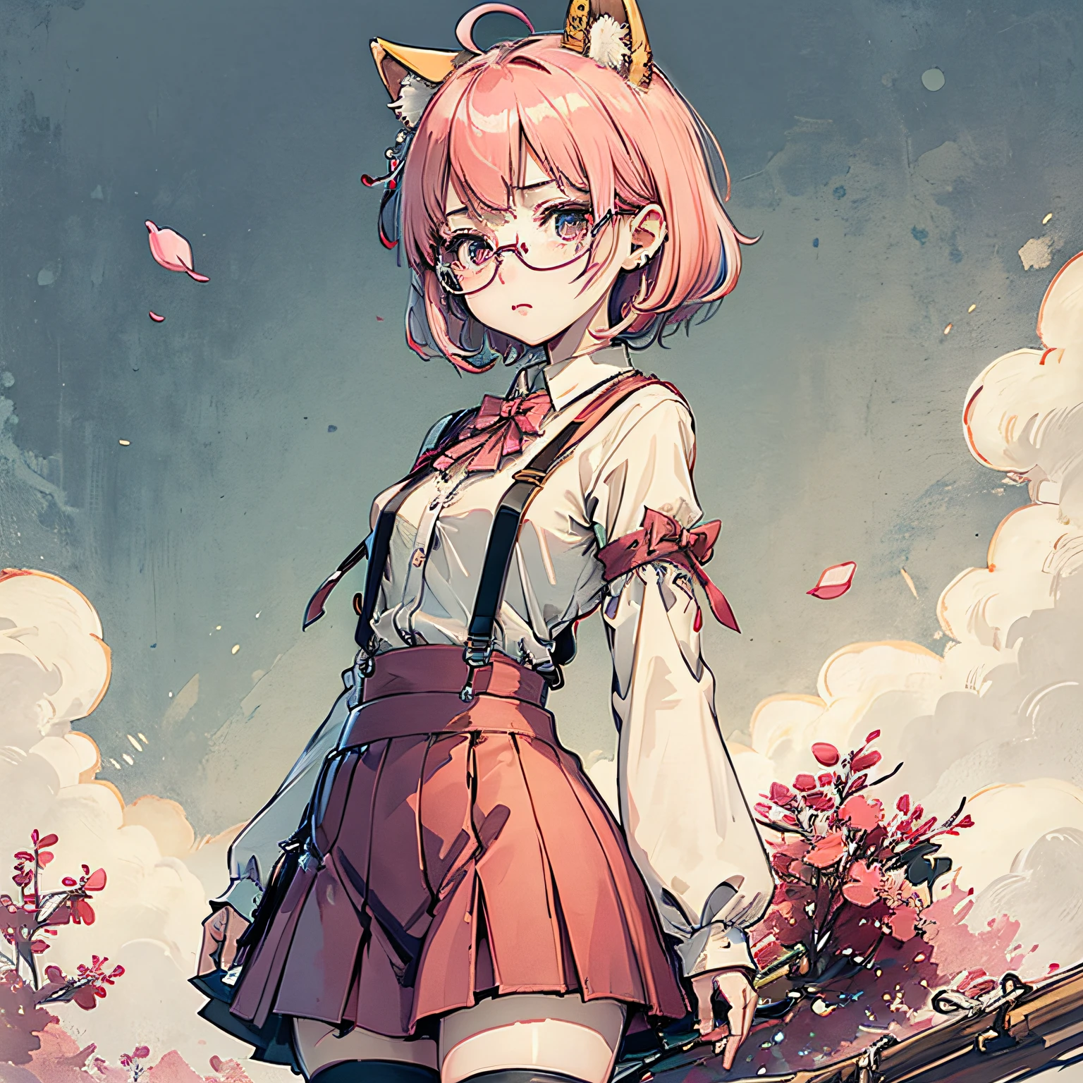 （nmasterpiece：1.2，最佳质量），（dynamic  lighting）1lady，独奏，short-length hair，A short skirt，（shiny skins：1.2），Haut du corps，eye glass，modern day，Wavy pink hair，Pink suspenders，Flowers on the ears，Harajuku style，hair pin，Lori，ahoge
