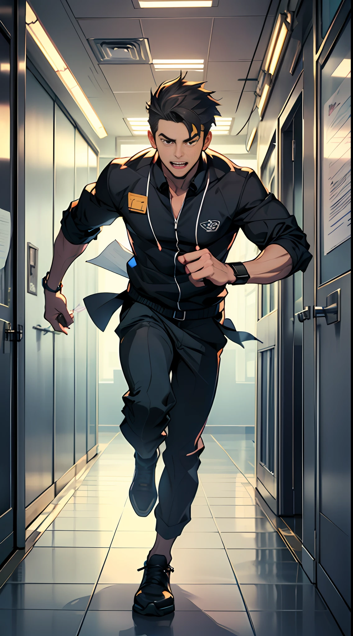 An excited man rushes towards the high-level office of the organization, eagerly preparing to deliver a report. His face is filled with a mixture of excitement and nervousness, and he walks with a brisk and determined pace. There is a metallic doorplate in front of the office door, displaying the number of the high-level office. The surrounding corridor is quiet and well-maintained, providing a backdrop to the man's hurried strides. The image is high-resolution, capturing the dynamic movement and emotions of the scene.