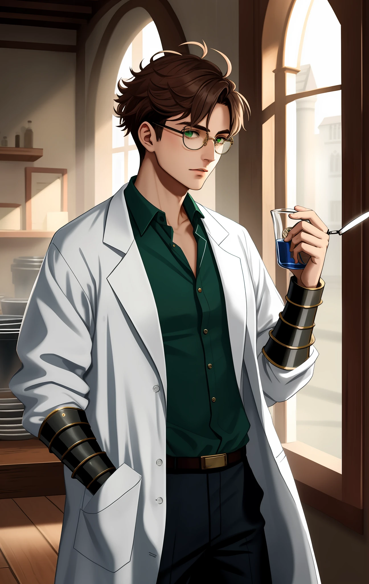 Young man wearing lab coat, green guante and glasses, messy hair, 1940s, gauntlet, true medieval gauntlet