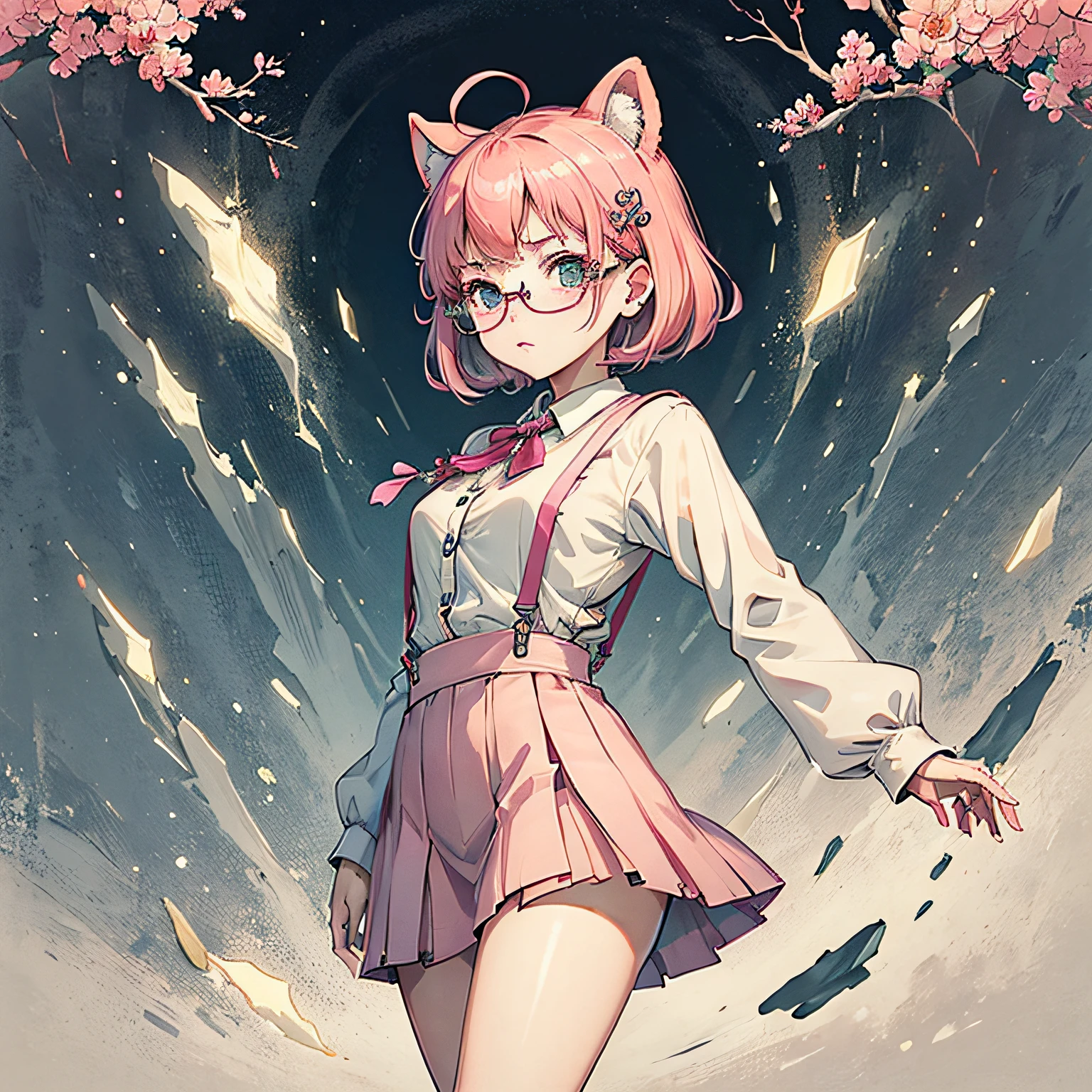 （nmasterpiece：1.2，最佳质量），（dynamic  lighting）1lady，独奏，short-length hair，A short skirt，（shiny skins：1.2），Haut du corps，eye glass，modern day，Wavy pink hair，Pink suspenders，Flowers on the ears，Harajuku style，hair pin，Lori，ahoge