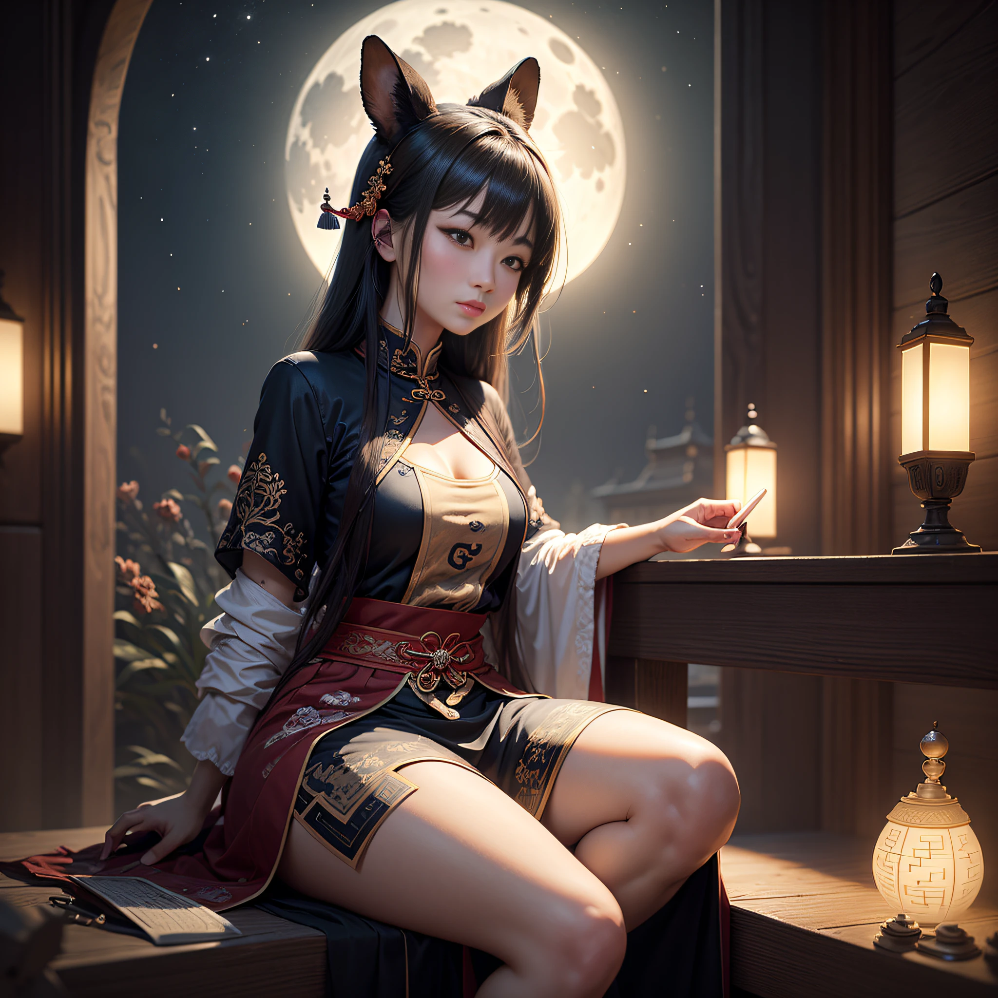 A Taoist beauty sitting in the moonlight