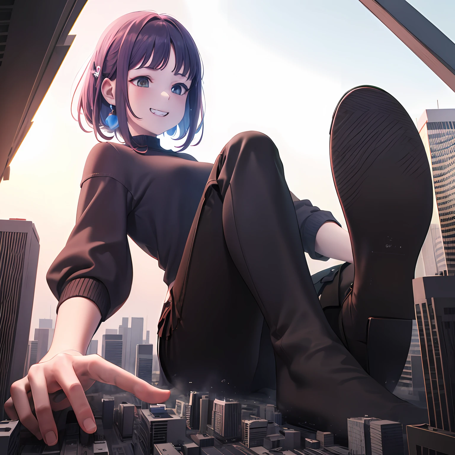 Redhead,a women,Around 30 years old,grin,Purple top,brown trousers,Jirou legs,pencil,sketching,4K --auto
