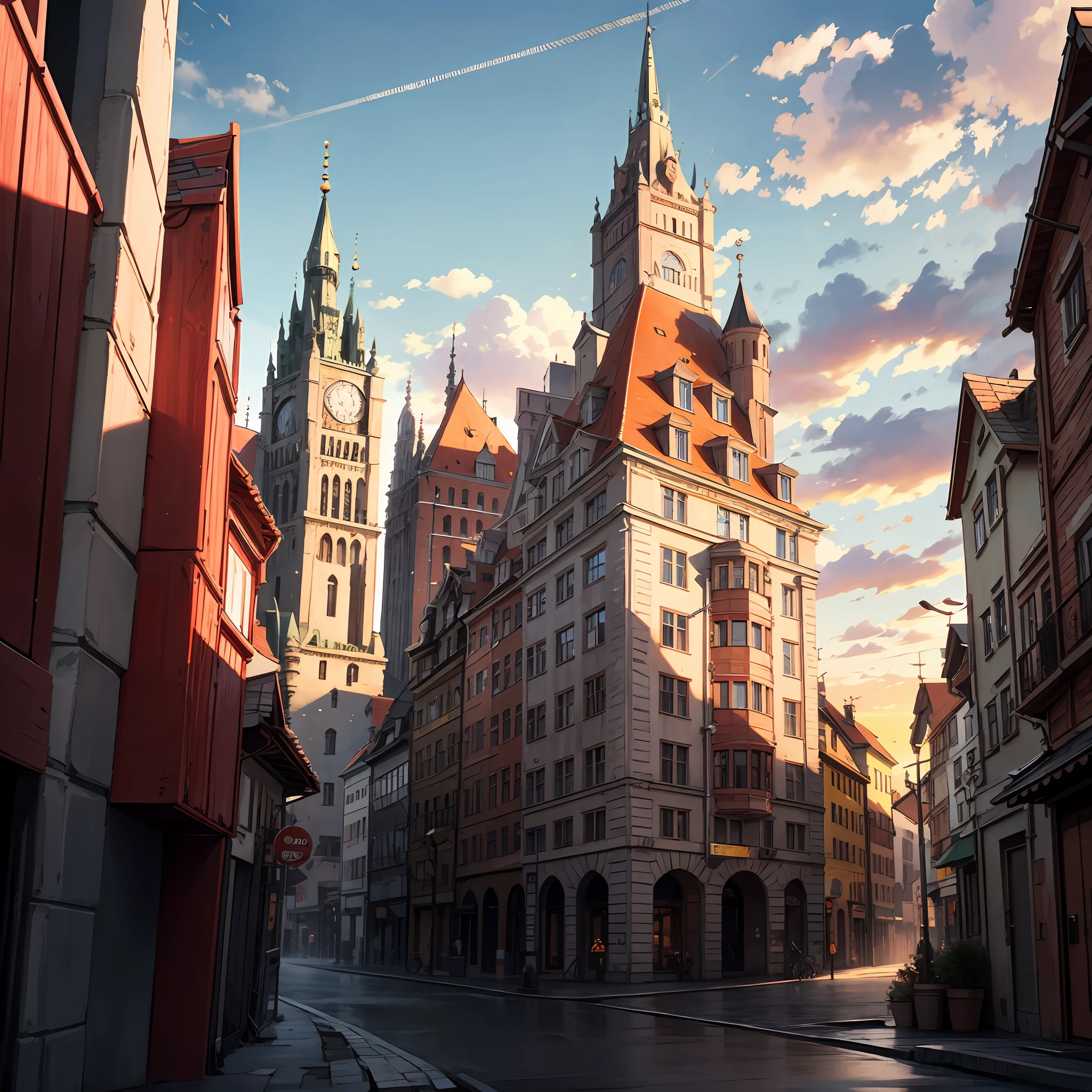 Poland Białystok old town high buildings, skyscrapers life in the near future, sunset, pro, 35 mm, realism, ultra HD result, 4k, very detailed --auto