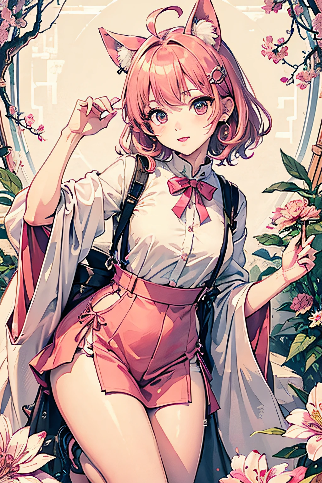 (nmasterpiece:1.2,最佳质量),(dynamic lighting)1lady,独奏,short-length hair,,(shiny skins:1.2),a whole body,eye glass,modern day,Wavy pink hair,Pink suspenders,Flowers on the ears,Harajuku style,hair pin,Lori,ahoge