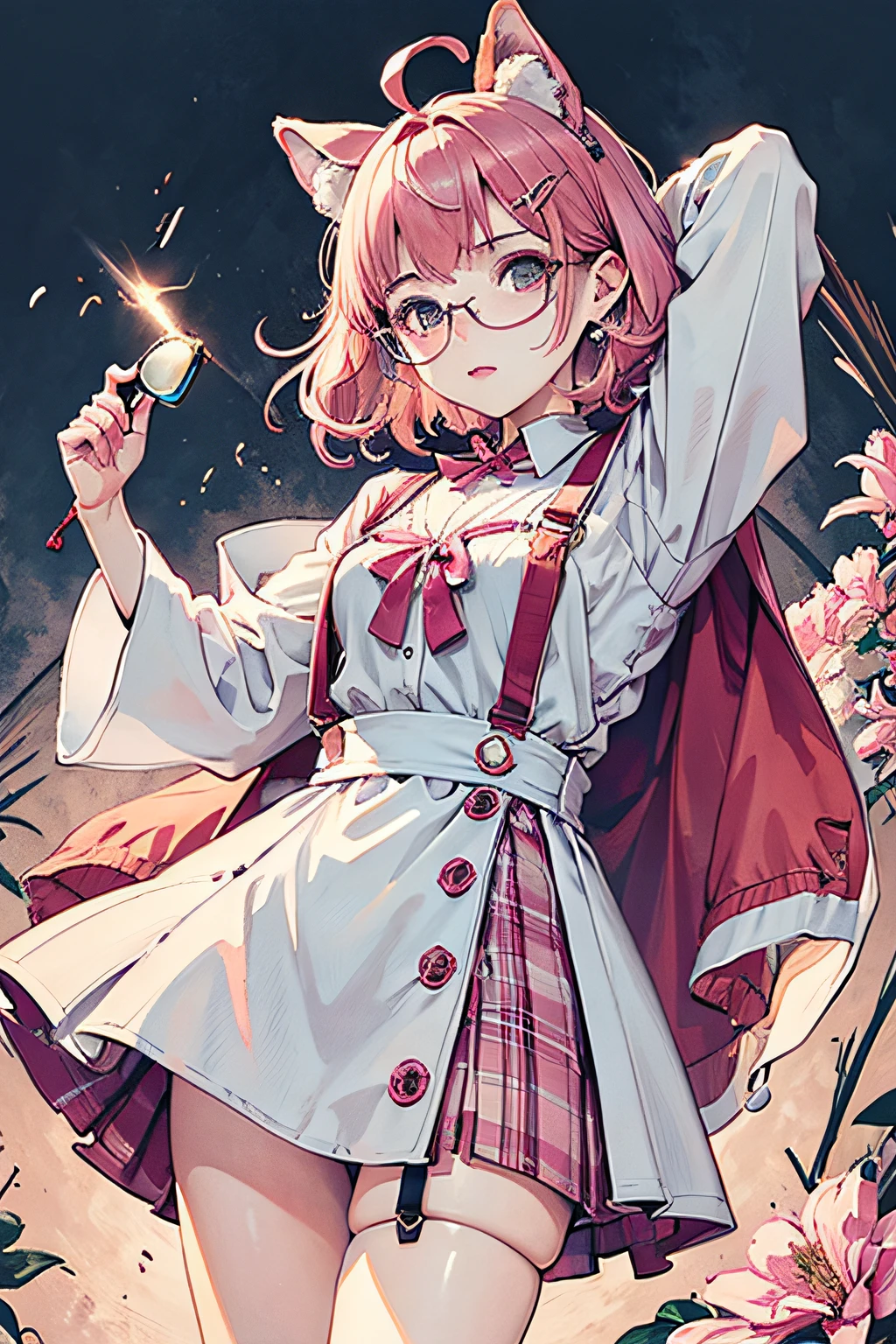 (nmasterpiece:1.2,最佳质量),(dynamic lighting)1lady,独奏,short-length hair,,(shiny skins:1.2),a whole body,eye glass,modern day,Wavy pink hair,Pink suspenders,Flowers on the ears,Harajuku style,hair pin,Lori,ahoge