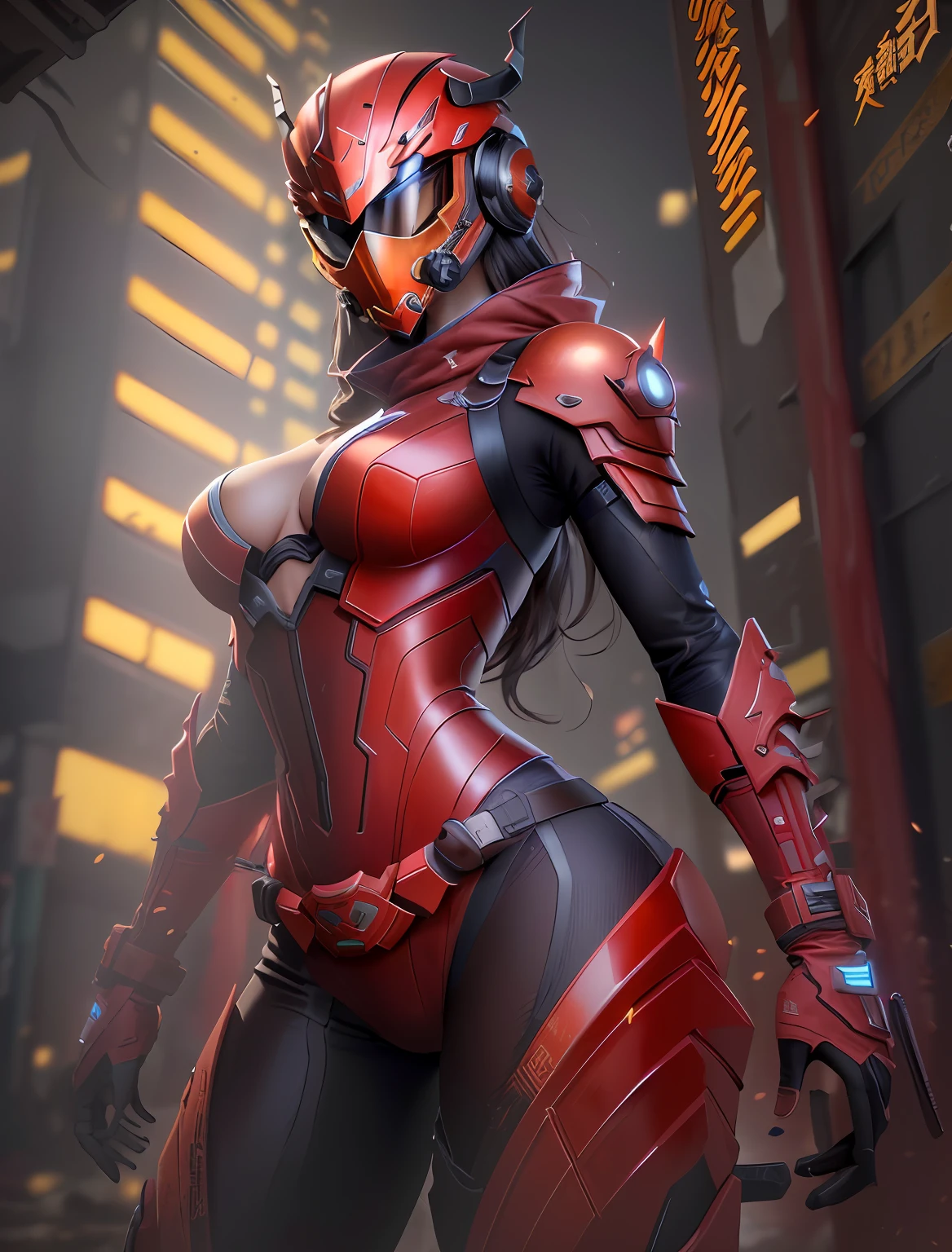 (Highest quality)), ((Masterpiece)), (Details:1.4), 。.3D,1girls , fullbody image, Image of beautiful Chinese woman in red scorpion cyberpunk suit, (Scorpion Woman), Scorpion arm decoration on head, ((Scorpion image headgear)), ((Full face helmet with scorpion motif))),((Scorpion-like mask)), ((hide face with masks)), (Chinese clothing style fighting suit),(((knee protector)) Chun-Li Style, Black Shocker Belt, kung fu, Scorpion, Chinese Kung Fu Girl, kung fu pose, whl, Ray tracing, NVIDIA RTX, Super Resolution, Unreal 5, Subsurface Scattering, PBR Texturing, post-processed, Anisotropy Filtering, Depth-of-field, Maximum clarity and sharpness, Multilayer Texture, Albedo and specular maps, Surface Shading, Accurate simulation of light material interactions, slender perfect proportions, Sharp eyeliner,(Full body)),Sharp focus, Octane Rendering, Two-tone lighting, Large aperture, Low ISO, White Balance, Rule of thirds, 8K Raw, Circuit Board AI, 4K, Fog, night city background,a close up of a woman in a red suit with a helmet on, lady in red armor, artgerm julie bell beeple, Trending in Art Station 4K, trending on artstation hd, Red Armor, inspired by Marek Okon, 。.3 d render character art 8 k, cgsociety inspired
