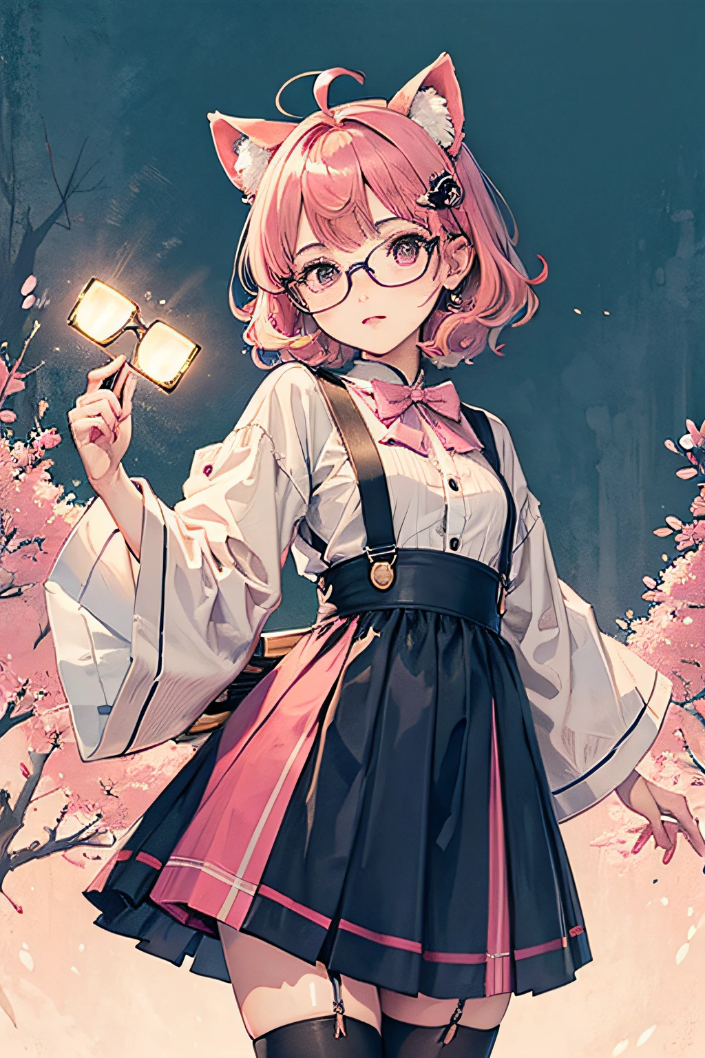 （nmasterpiece：1.2，最佳质量），（dynamic  lighting）1lady，独奏，short-length hair，，（shiny skins：1.2），a whole body，eye glass，modern day，Wavy pink hair，Pink suspenders，Flowers on the ears，Harajuku style，hair pin，Lori，ahoge
