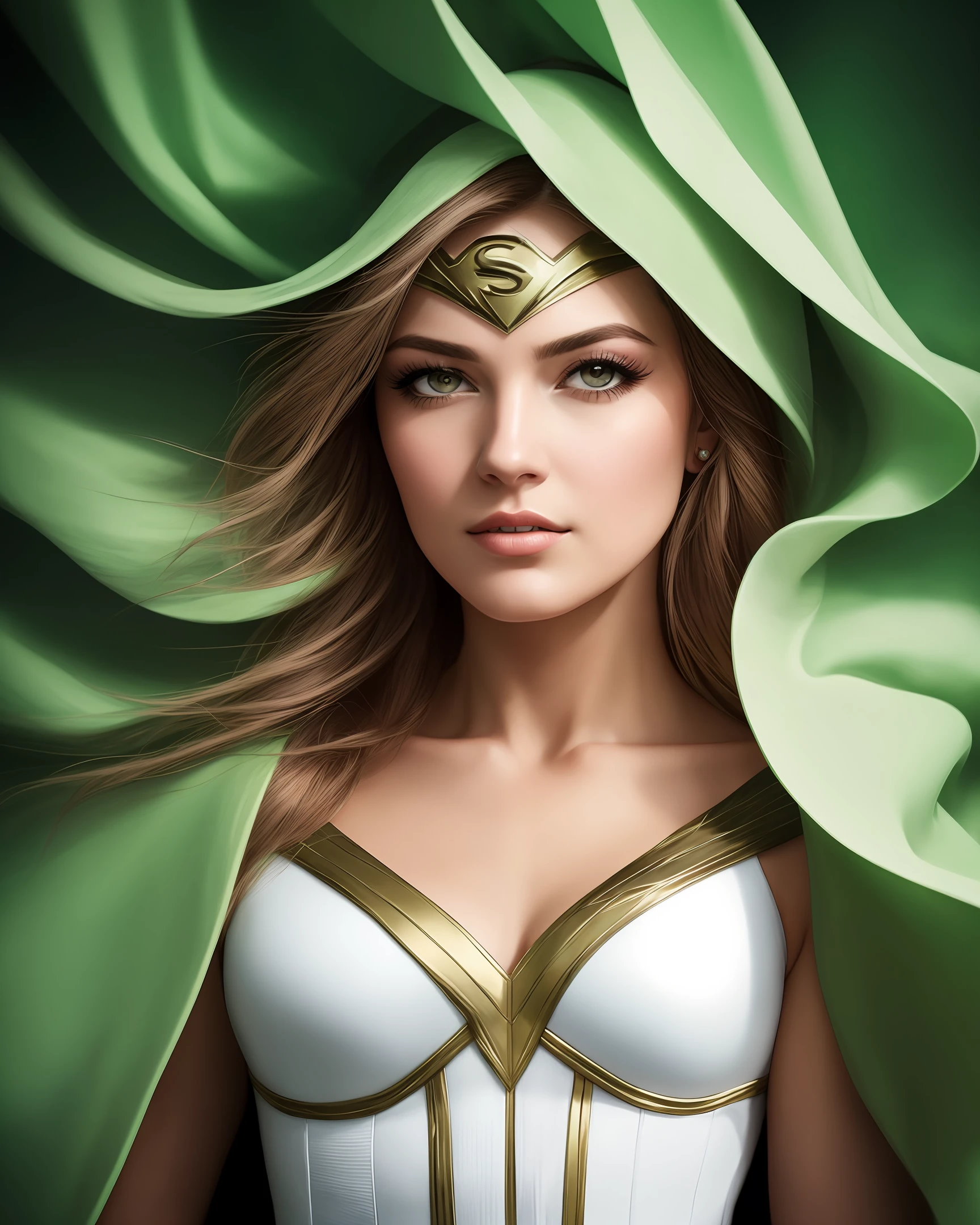 "(A woman in superhero costumes:1.2), elegant composition, olhar sedutor, flowing hair, white sheet, warm and soft lighting, high level of detail and realism, clima intimista e glamouroso, olhos verdes detalhado, Long Lashes,