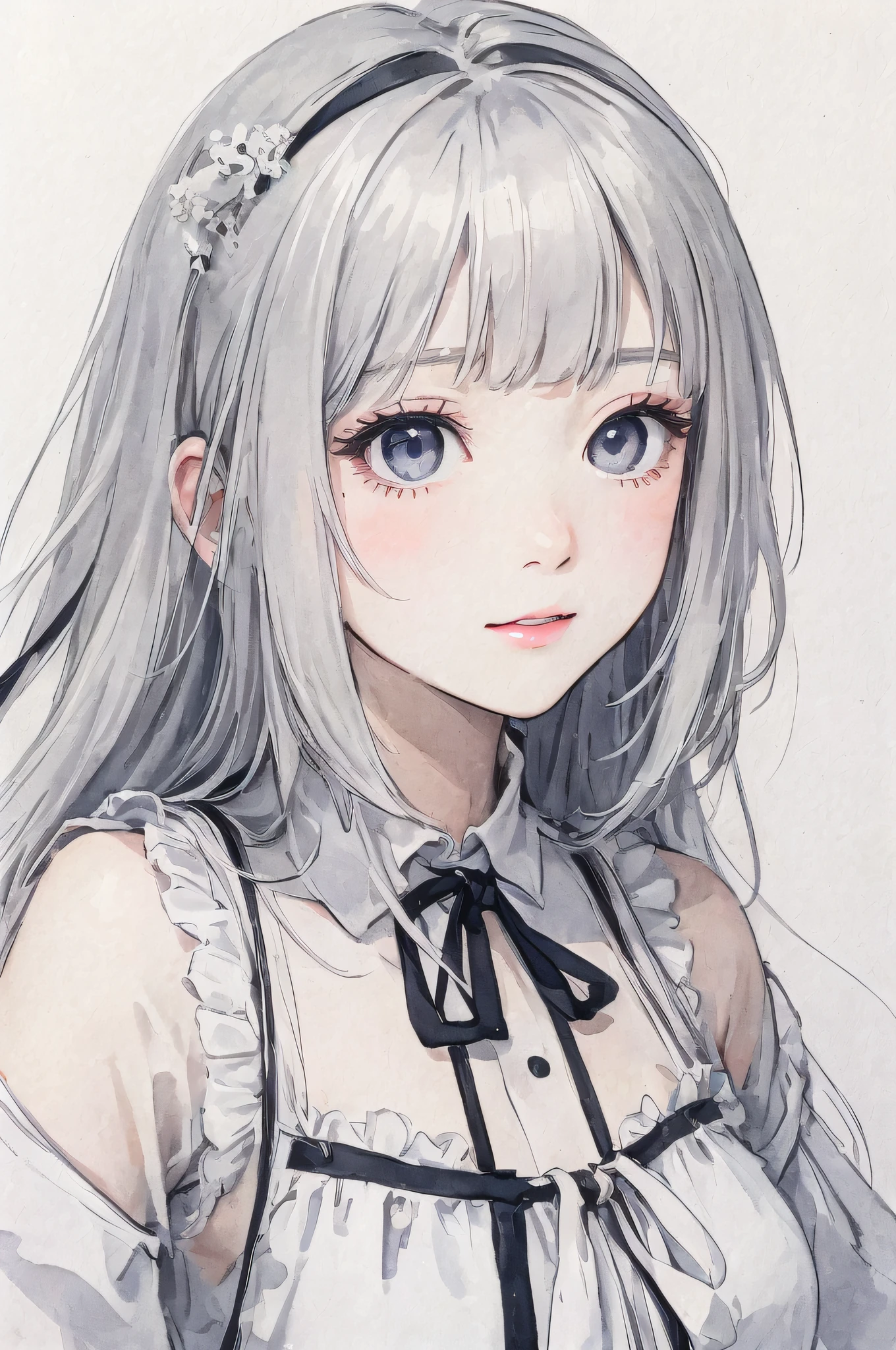 (A masterpice、HighestQuality、HighestQuality、Beautifully Aesthetic:1.2)、Mature、simple background、Forehead、view from below looking up、White clothes、Trendy fashion、Posing、From the top of the head、from afar、(Watercolor 1.5)、White Filter、White world、pretty eyes、(Pigment Thin 1.5)、drooping eyes、White tones、独奏、a girl、Bibi-chan、(Fractal Art:1.3)、White hair、Silver eyes、Kamimei