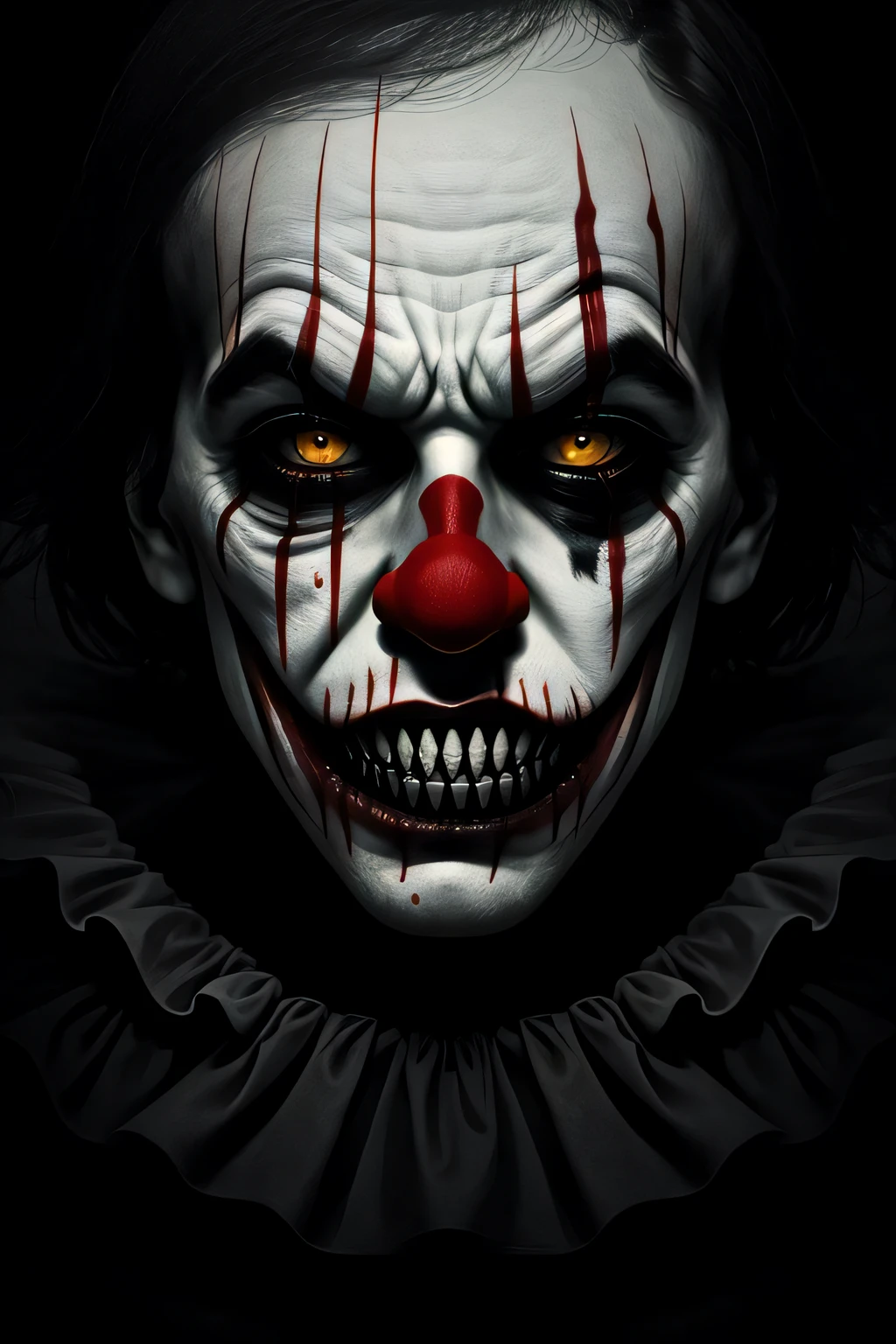 horror, creepy clown, sharp teeth, spooky, evil, blood, dark, moody, cinematic, portrait, half face,