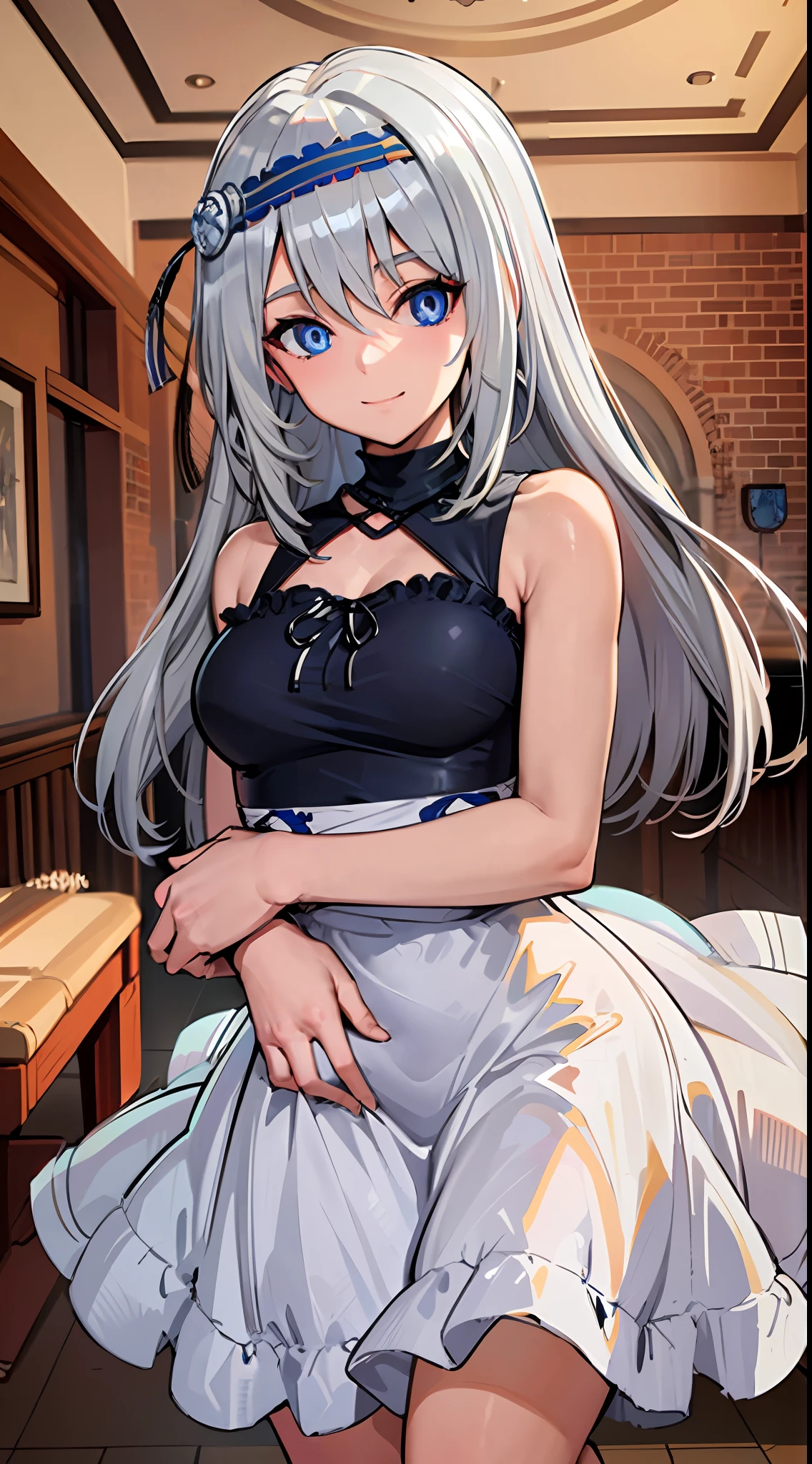 (masterpiece), (best quality), highres, kei1, 1girl, solo, blue eyes, long hair, (wears a white Venezuelan dress), ribbon, bangs, collarbone, (gray hair), black hair band, neck ribbon, hair between eyes, medium breasts, cowboy shot, smile, (anatomically correct full body), this inside a Venezuelan house, detailed full escenario