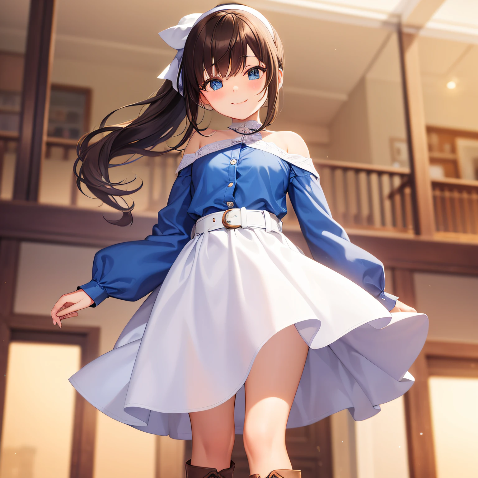 Top quality, very delicate and beautiful, girl, , (dark brown hair), blue clothes with vertical buttons, belt at the waist, white skirt, (ponytail)), (white hair band), (brown boots), blue eyes, standing, smile