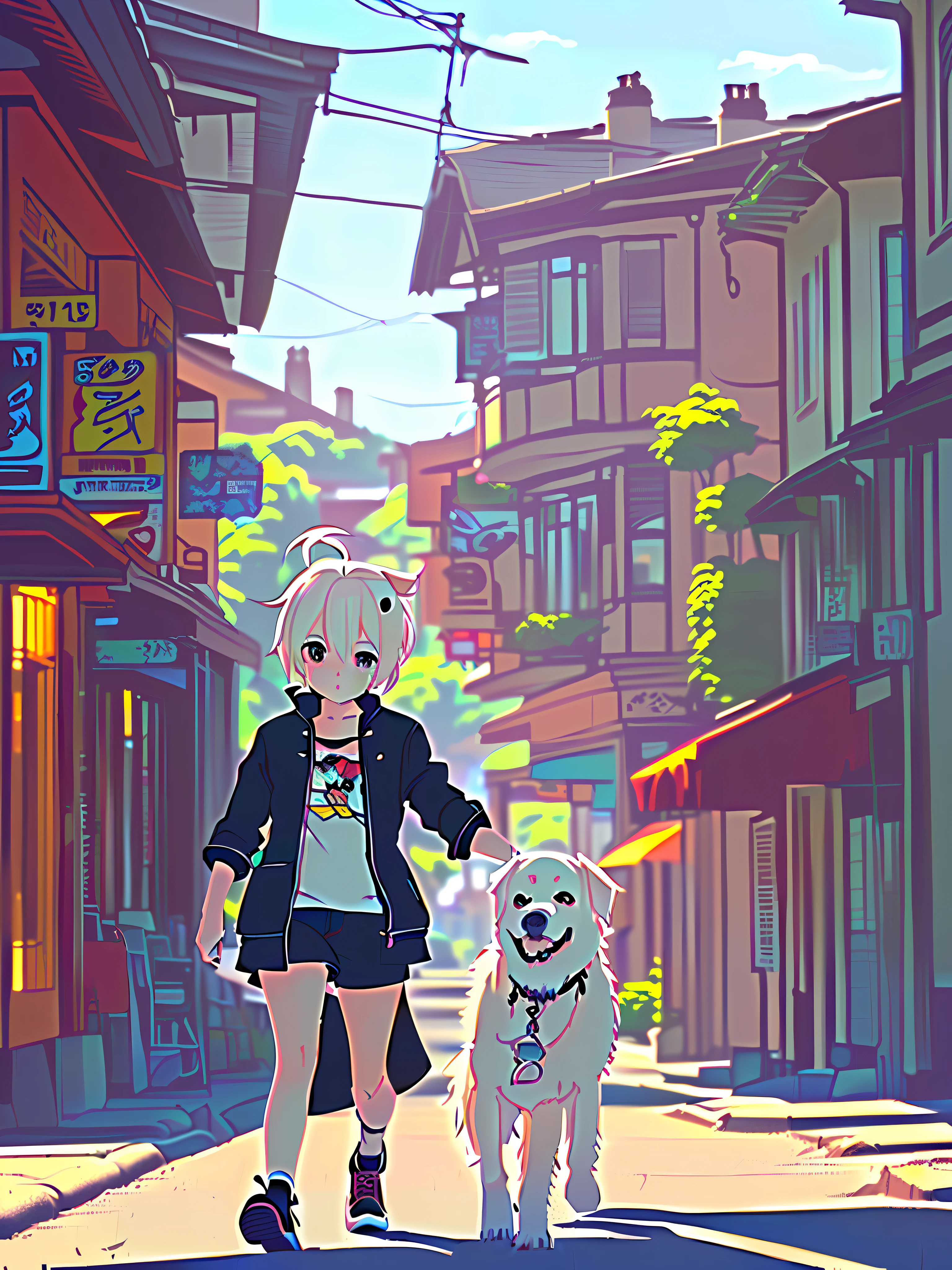 anime girl walking her dog down a street in a small town, anime style 4 k, anime art wallpaper 8 k, anime art wallpaper 4 k, anime art wallpaper 4k, anime style. 8k, ilya kuvshinov landscape, by Yang J, beautiful anime artwork, anime style illustration, by Kamagurka, by Rei Kamoi