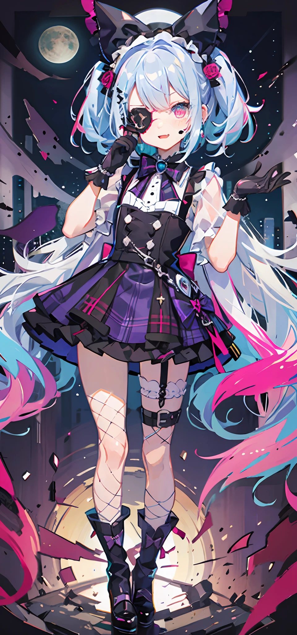 l vampire，fang，Plaid dress，Bow，****ta fashion，****ta style，Anime girl role play，Lori，Cutes， Angelic beauty， Lori， Portrait of ****ta girl， Purple lattice， y 2 k ，Y2K，Emo style，non-mainstream，Red checkered，Mines are girls，Harajuku style，Exaggerated dressing，Intricate ornaments，Rock style，Gothic style，rivet，ear ring，two color hair，Pink and blue hair，Purple plaid skirt，Half-cut gloves，Leg rings，Suspenders，Metal jewelry，skeletons，Love，Blood，Maniacal laughter，Sick，fishnet stockings，Unilateral eye patch，crosses，moonlit night，Thorny rose，Dramatic composition，volumettic light