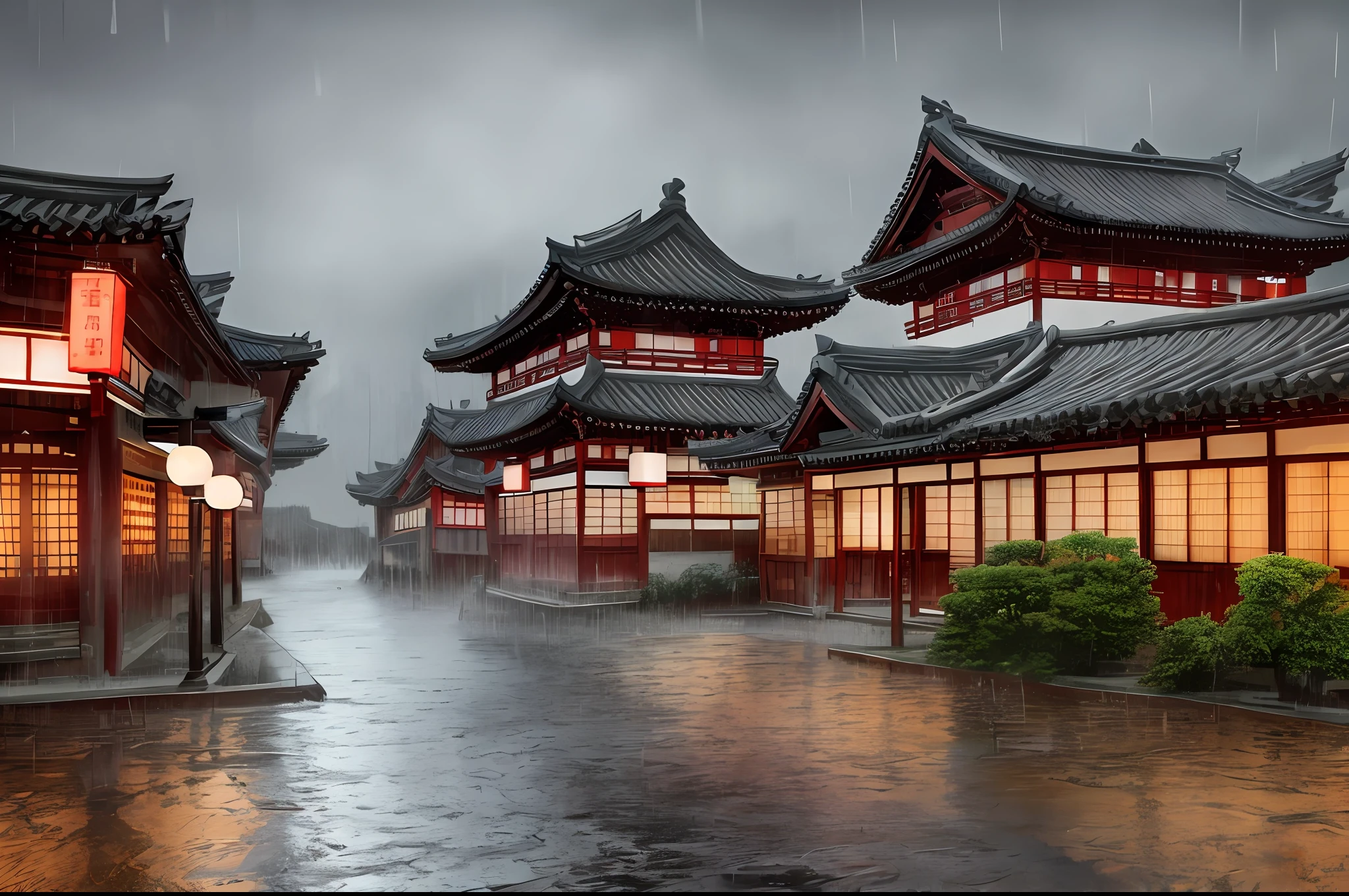 arafed view of a village with a lot of lights on the buildings, dreamy chinese town, chinese village, amazing wallpaper, japanese town, japanese village, hyper realistic photo of a town, old asian village, japanese city, by Raymond Han, rainy evening, cyberpunk chinese ancient castle, beautifully lit buildings, at evening during rain, beautiful and aesthetic, photography, cinematic, 8k, high detailed ((Heavy rain)))