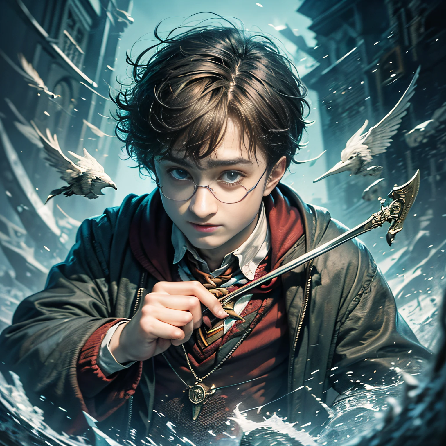 Daniel Radcliffe, Boy, Harry Potter, Viewer's Eye, Pogwarts School of Witchcraft and Wizardry, Cinematic Painting, Super Photo Quality, 8k, --auto