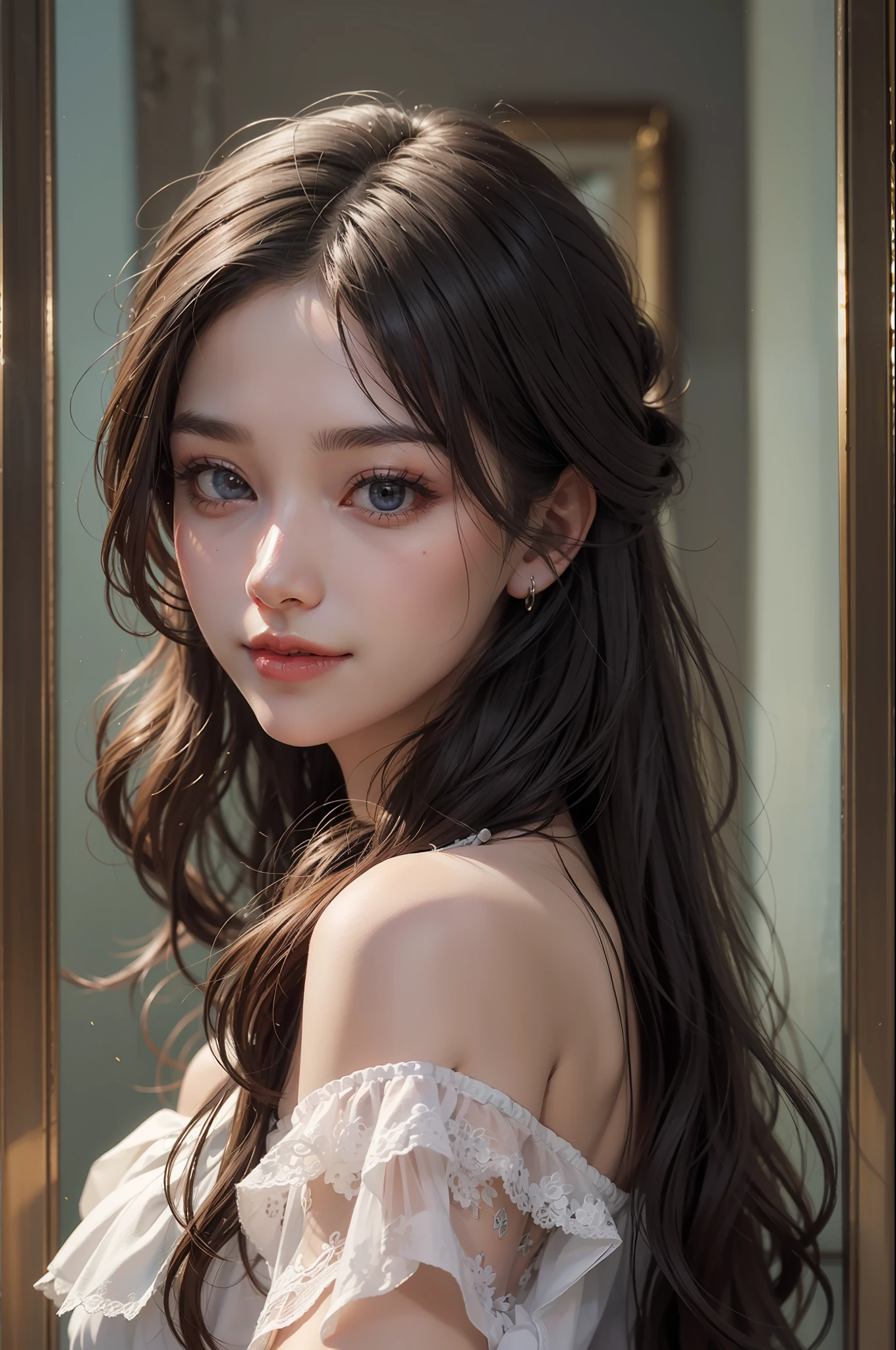 **smile on face、Women with strong eyes、Long hair、Realistic painting style、Precisely.,Top image quality、HighestQuality、delicate detail 、Delicate depiction 、Vibrant colors、Transparency、Transparent hair,Transparent skin,Transparent eyes,Transparent light、