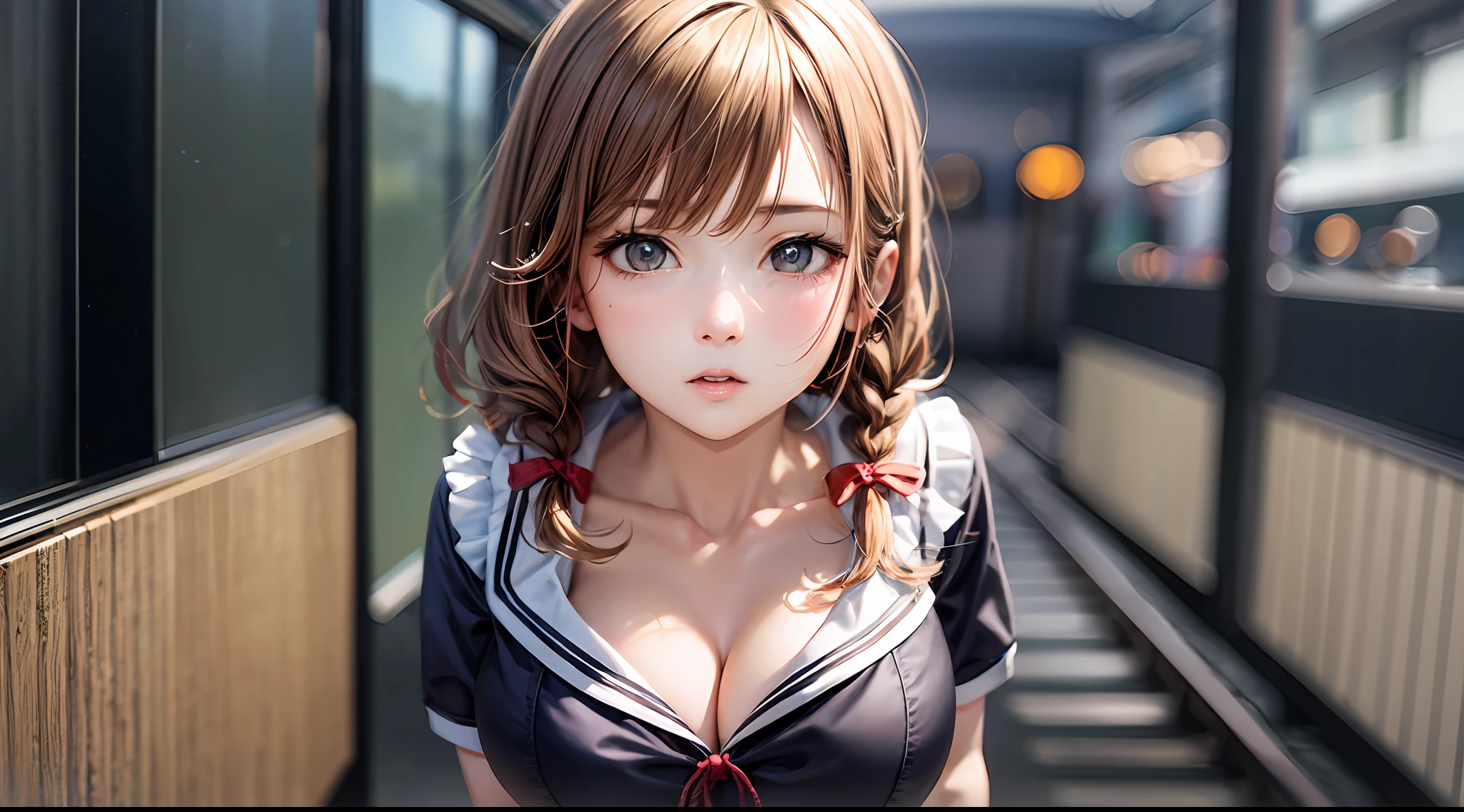 （chainsawman、Makima）、Brown skin、Japan schoolgirl sailor suit、（Orange braid）、Young、Cute、a beautifulchi girl、Perfect style、HugeBoobs、Emphasizes cleavage、deadpan、Realstic、Realistic、８ｋ、intensely detailed、HighestQuality、Top image quality、UltraHighResolution、A masterpice、only girl、（The background is the inside of the Japan train）、