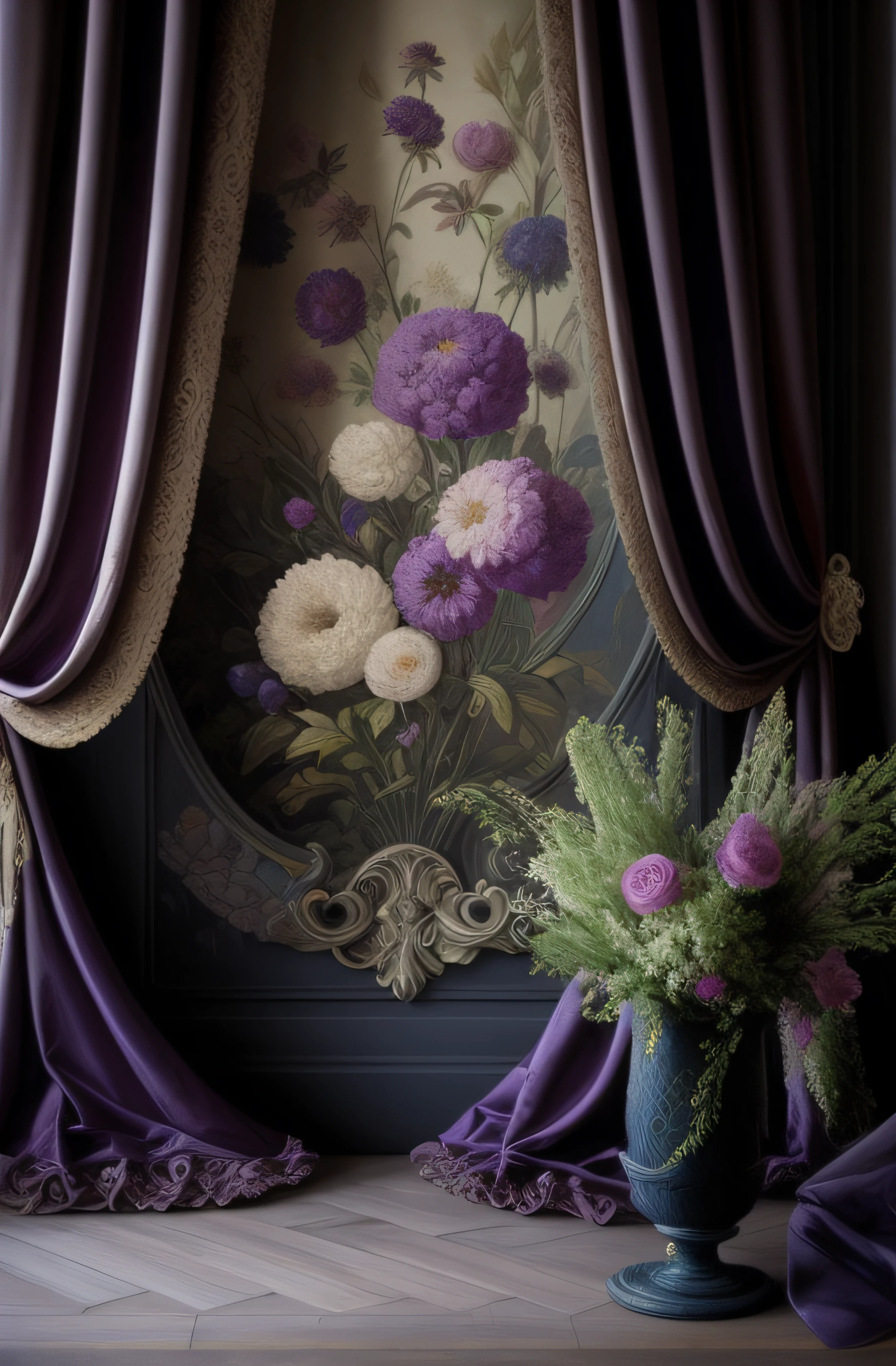 purple curtains and a vase of flowers in a room, Envuelto en terciopelo y flores, Fondo de pintura de estilo barroco, Colores y detalles ricos, Arte de terciopelo, degradados suaves. baroque period, Detalle barroco, atmospheric beautiful details, hermosas cortinas, dreamy and detailed, rococo and art nouveau fusion, inspirado por Louis-Michel van Loo, Maximalista Art Nouveau