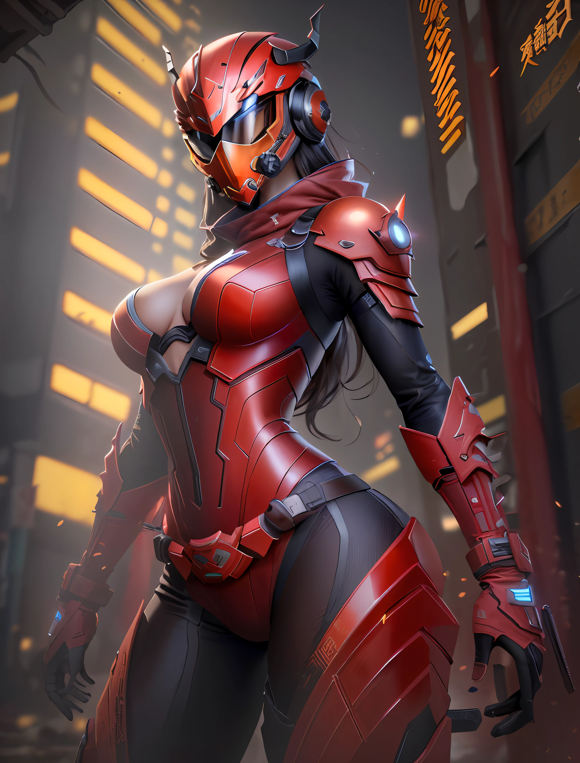 (Highest quality)), ((Masterpiece)), (Details:1.4), 。.3D,1girls , fullbody image, Image of beautiful Chinese woman in red scorpion cyberpunk suit, (Scorpion Woman), Scorpion arm decoration on head, ((Scorpion image headgear)), ((Full face helmet with scorpion motif))),((Scorpion-like mask)), ((hide face with masks)), (Chinese clothing style fighting suit),(((knee protector)) Chun-Li Style, Black Shocker Belt, kung fu, Scorpion, Chinese Kung Fu Girl, kung fu pose, whl, Ray tracing, NVIDIA RTX, Super Resolution, Unreal 5, Subsurface Scattering, PBR Texturing, post-processed, Anisotropy Filtering, Depth-of-field, Maximum clarity and sharpness, Multilayer Texture, Albedo and specular maps, Surface Shading, Accurate simulation of light material interactions, slender perfect proportions, Sharp eyeliner,(Full body)),Sharp focus, Octane Rendering, Two-tone lighting, Large aperture, Low ISO, White Balance, Rule of thirds, 8K Raw, Circuit Board AI, 4K, Fog, night city background,a close up of a woman in a red suit with a helmet on, lady in red armor, artgerm julie bell beeple, Trending in Art Station 4K, trending on artstation hd, Red Armor, inspired by Marek Okon, 。.3 d render character art 8 k, cgsociety inspired