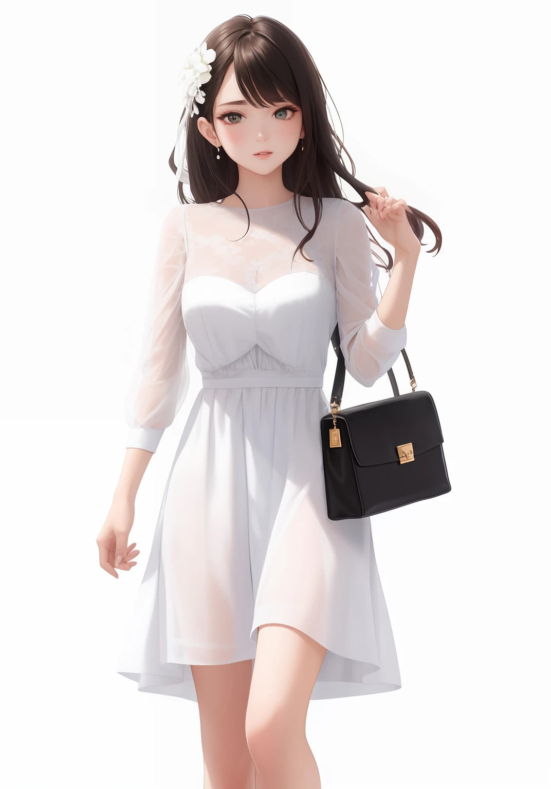 mulher em um vestido branco segurando uma bolsa preta, vestido elegante, wearing a white flowing dress, vestido branco elegante, vestido elegante, usando um vestido elegante, vestindo uma roupa elegante, usando um vestido branco bonito, roupas brancas da moda, usando vestido branco, white summer dress, roupas elegantes, usando um vestido branco, casual white garment, vestido sofisticado