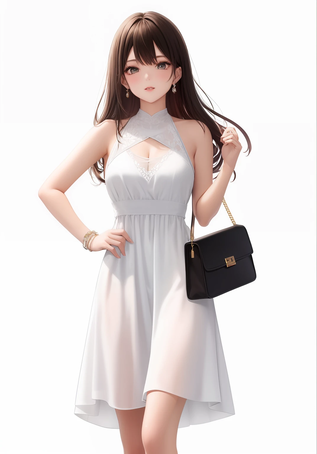 mulher em um vestido branco segurando uma bolsa preta, vestido elegante, wearing a white flowing dress, vestido branco elegante, vestido elegante, usando um vestido elegante, vestindo uma roupa elegante, usando um vestido branco bonito, roupas brancas da moda, usando vestido branco, white summer dress, roupas elegantes, usando um vestido branco, casual white garment, vestido sofisticado