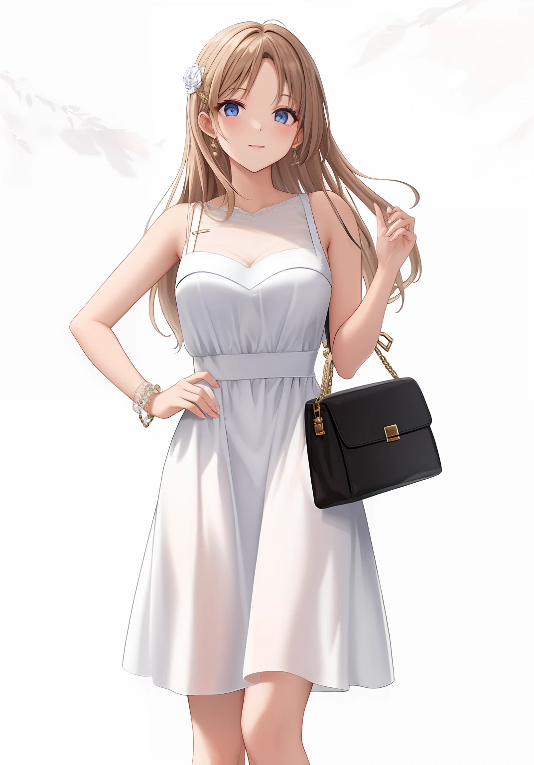 mulher em um vestido branco segurando uma bolsa preta, vestido elegante, wearing a white flowing dress, vestido branco elegante, vestido elegante, usando um vestido elegante, vestindo uma roupa elegante, usando um vestido branco bonito, roupas brancas da moda, usando vestido branco, white summer dress, roupas elegantes, usando um vestido branco, casual white garment, vestido sofisticado
