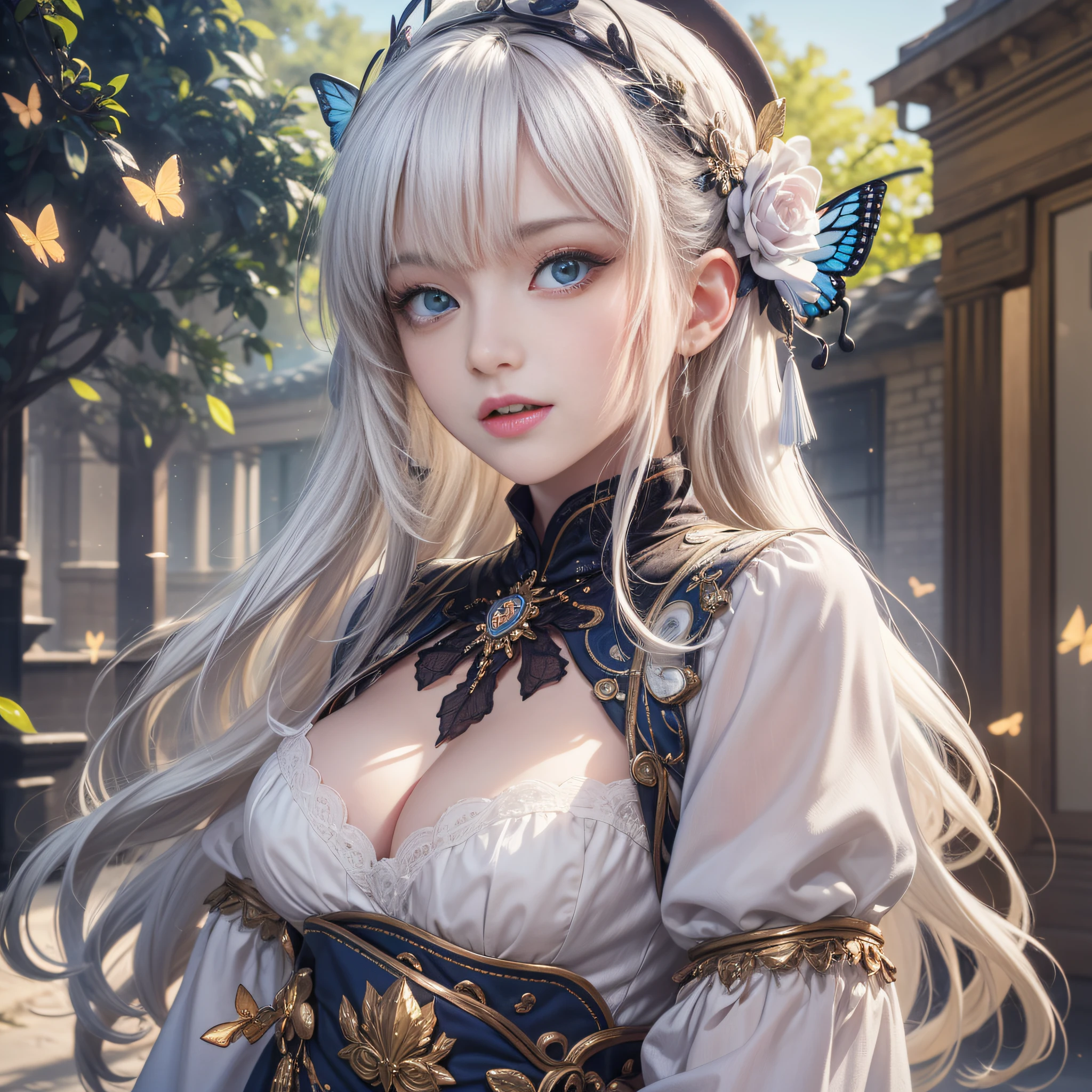beautiful detailed girl, extremely detailed eyes and face, beautiful detailed eyes, absurdres, incredibly absurdres, huge filesize, ultra-detailed, highres, extremely detailed,best quality ,masterpiece, illustration, an extremely delicate and beautiful, extremely detailed,CG,unity,8k wallpaper, Amazing, finely detail, masterpiece,best quality,official art,extremely detailed CG unity 8k wallpaper, (masterpiece, best quality,high quality, White skin, Beautiful detailed face),(realistic: 1.2), 1girl, solo, glasses, smile, open mouth, looking at viewer, long hair, blue eyes, wings, long sleeves, bug, bangs, butterfly, jacket, white hair, sky,outdoors,