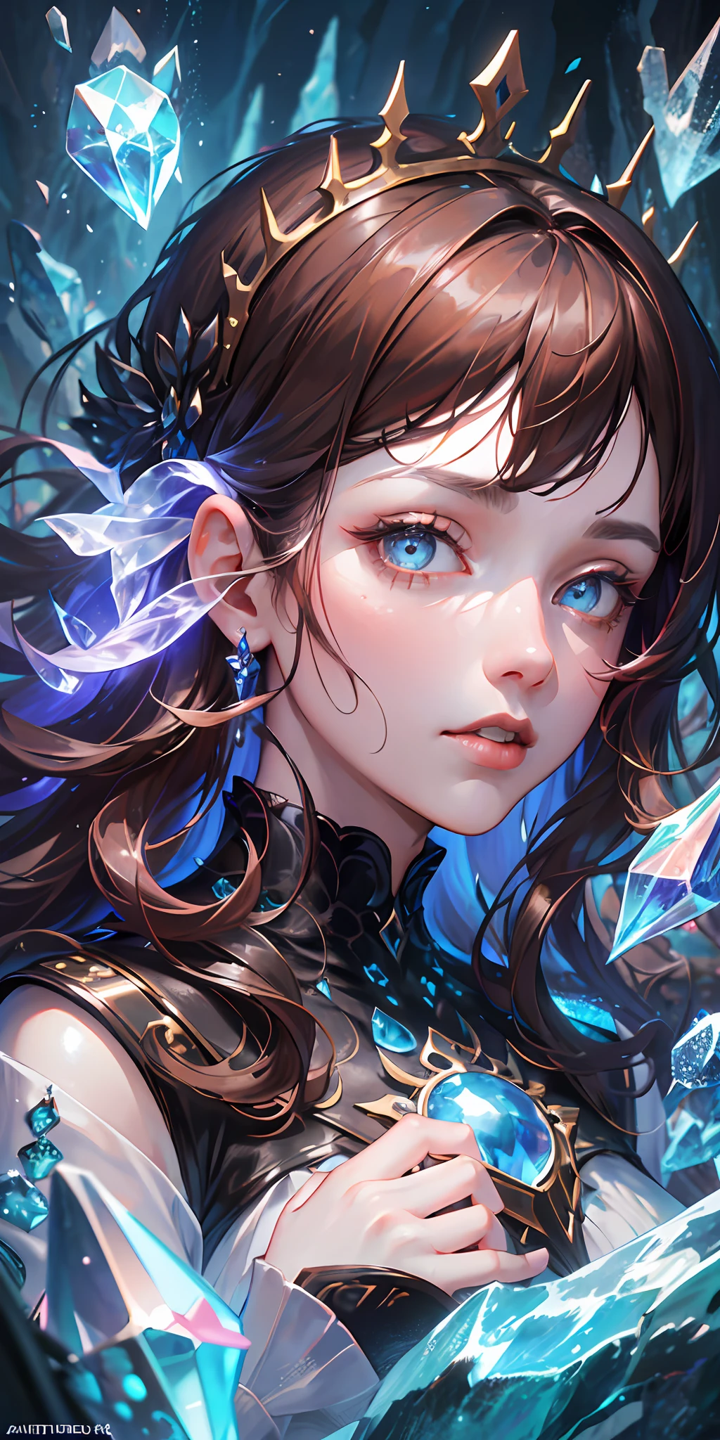 (absurdres, highres, ultra detailed), 1woman, mature female, aged up, wavy long hair, auburn hair, coral eyes, bangs, long sleeves, finely detailed eyes and detailed face, extremely detailed CG unity 8k wallpaper, intricate details, (style-swirlmagic:1.0), looking at viewer, solo, upper body, detailed background, close up, detailed face, (gothic dark ages theme:1.1), crystal sorcerer, dynamic pose, earth themed clothes, crystal crown, floating in the air, glowing magical shards, surrounded by blue magical crystals, rock formations, stalactites, magical floating particles, crystal glass, crystal sphere, crystal canyon background, (shallow water:0.7), epic ethereal atmosphere, updraft,, portrait