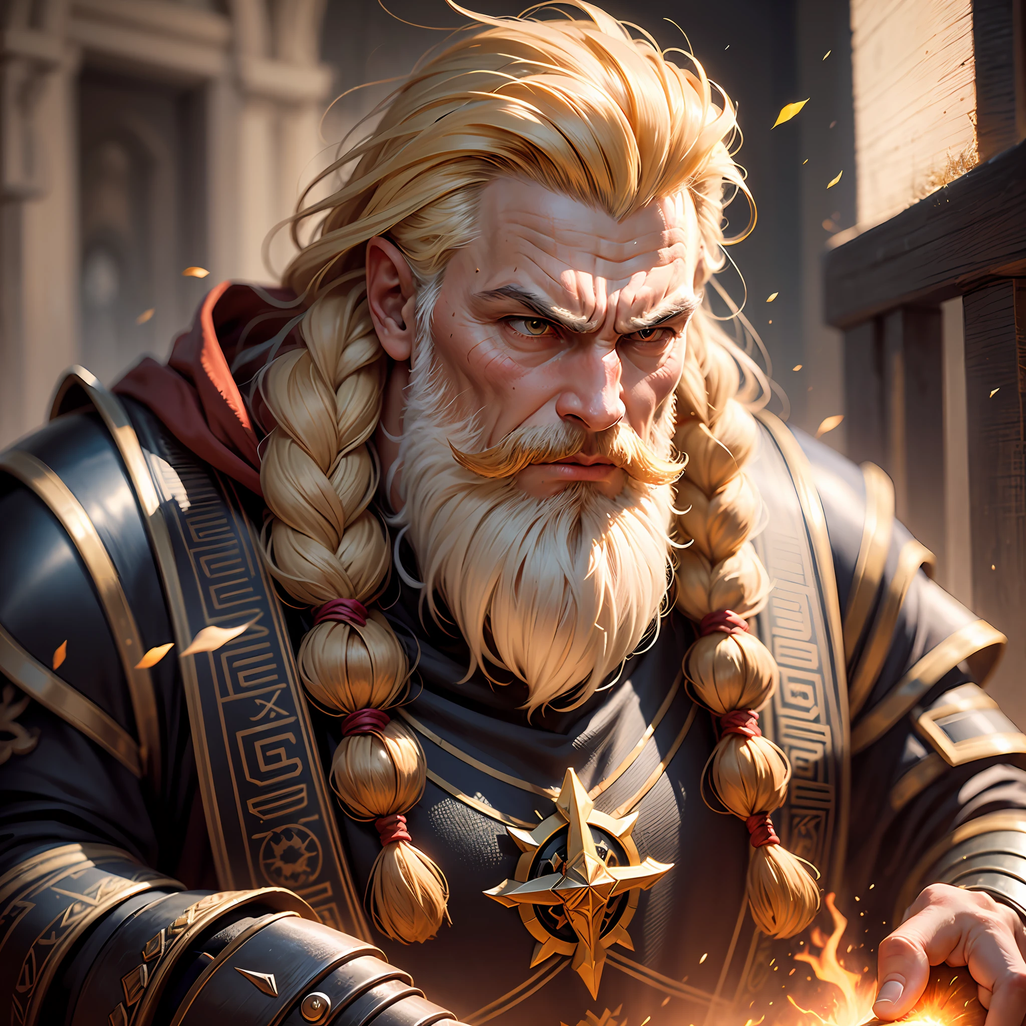 arafed, male, dwarf, (Masterpiece 1.5, intense details)cleric, paladin, (Masterpiece 1.5, intense details), casting a spell (Masterpiece 1.3, intense details),wearing heavy black armor with spikes (Masterpiece 1.2, intense details), orange cloak with sun symbol, flowing (Masterpiece 1.5, intense details) holy symbol, blond hair, long braided beard, hair strand, frown, serious, high detail, Realism, Action painting, depth of field, god rays, wide shot, panorama, Ultra-Wide Angle, UHD, super detail, high quality, photorealism, 4K, highres