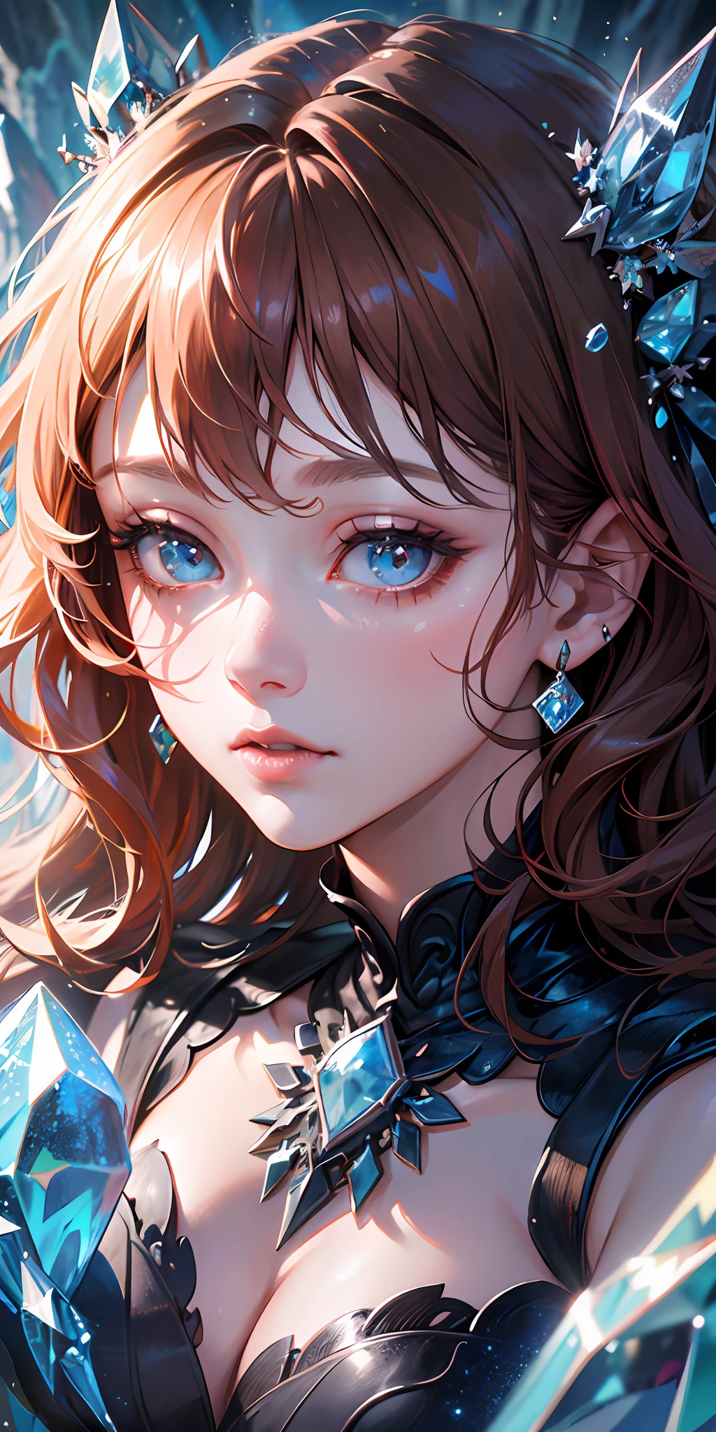 (absurdres, highres, ultra detailed), 1woman, mature female, aged up, wavy long hair, auburn hair, coral eyes, bangs, long sleeves, finely detailed eyes and detailed face, extremely detailed CG unity 8k wallpaper, intricate details, (style-swirlmagic:1.0),  looking at viewer, solo, upper body, detailed background, close up,  detailed face, (gothic dark ages theme:1.1), crystal sorcerer,  dynamic pose, earth themed clothes, crystal crown,  floating in the air, glowing magical shards, surrounded by blue magical crystals,  rock formations, stalactites,  magical floating particles, crystal glass,  crystal sphere, crystal canyon background, (shallow water:0.7),  epic ethereal atmosphere,   updraft,, portrait