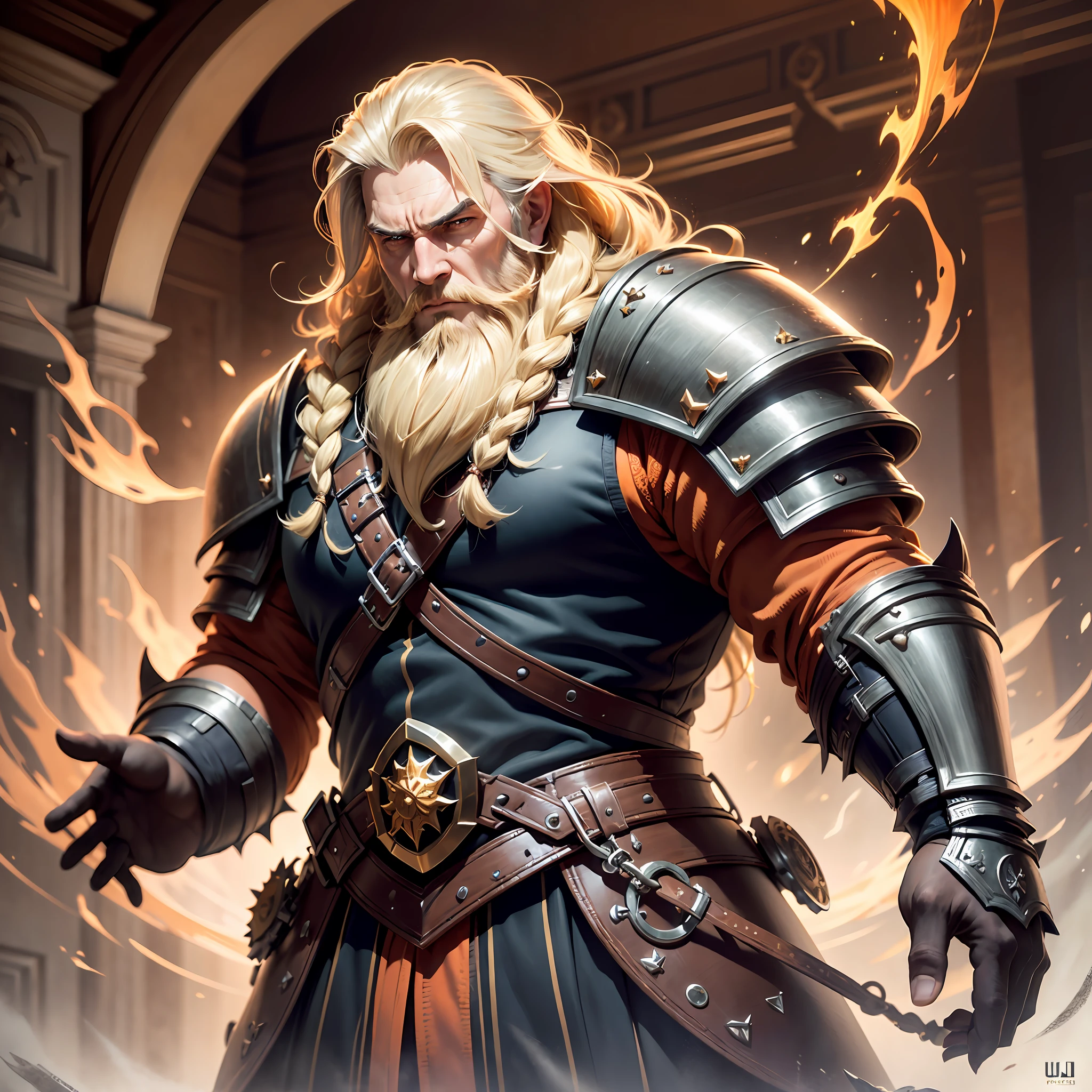 arafed, male, dwarf, (Masterpiece 1.5, intense details)cleric, paladin, (Masterpiece 1.5, intense details), casting a spell (Masterpiece 1.3, intense details),wearing heavy black armor with spikes (Masterpiece 1.2, intense details), orange cloak with sun symbol, flowing (Masterpiece 1.5, intense details) holy symbol, blond hair, long braided beard, hair strand, frown, serious, high detail, Realism, Action painting, depth of field, god rays, wide shot, panorama, Ultra-Wide Angle, UHD, super detail, high quality, photorealism, 4K, highres