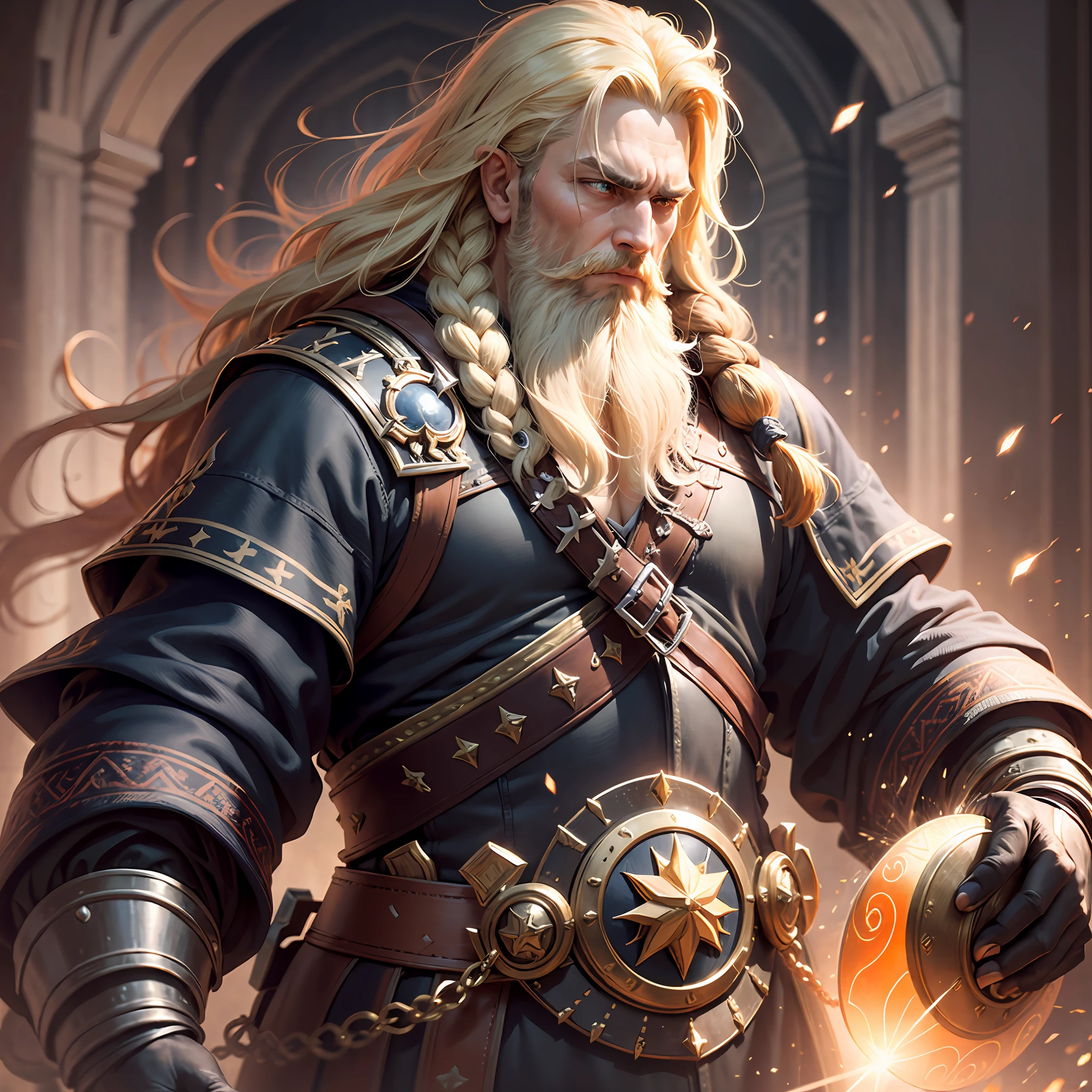 arafed, male, dwarf, (Masterpiece 1.5, intense details)cleric, paladin, (Masterpiece 1.5, intense details), casting a spell (Masterpiece 1.3, intense details),wearing heavy black armor with spikes (Masterpiece 1.2, intense details), orange cloak with sun symbol, flowing (Masterpiece 1.5, intense details) holy symbol, blond hair, long braided beard, hair strand, frown, serious, high detail, Realism, Action painting, depth of field, god rays, wide shot, panorama, Ultra-Wide Angle, UHD, super detail, high quality, photorealism, 4K, highres