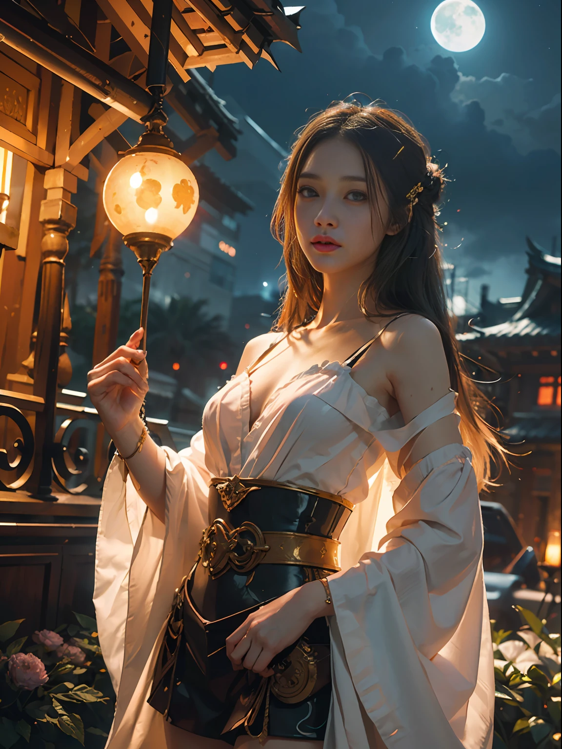 Masterpiece, Best Quality, Cinema, Official Art, Propaganda Art, Cinematic Wallpapers, Very Detailed CG Uniform 4k Wallpapers, Intricate Details, Upper Body, Facial Focus, Concept Art, Production Art, ( , highres, (realistic, photo-realistic:1.2), physically-based rendering, machinery, reflection, realistic, cyberpunk, symmetric front view close up head shot eyes symmetry face very sharp focus realistic award winning matte drawing movie lights, mecha, (Illustration: 1.1), slim, fair skin, delicate face, shine, tights, (long blonde hair), Japanese shrine costume, green eyes, battlefield, chip, shine, vast landscape photo, (from below, starry sky above, open field below), a girl standing on a flower field looking up, (string moon: 1.2), (meteor: 0.9), (nebula: 1.3), tree BREAK making art, (Warm light source: 1.2), (Firefly: 1.2), lamps, lots of purple and orange, intricate details, volumetric lighting, realism BREAK (Masterpiece: 1.2), (Best Quality), 4K, Ultra-Detailed, (Dynamic Composition: 1.4), Very Detailed, Rich in Detail, (Iridescent Colors: 1.2), (Glowing, Atmospheric Illumination), Dreamy, Fantastic, (Solo: 1.2) Gray Hair, Long Flowing Hair, Strong Wind, Orange Eyes, Shiny Eyes, Large, Face, Chest and Thighs Raw, Visible. photorealistic real, portfolio, fine LED,beautifully decorated, beautiful relief, small parts polymerization, metal cylinder, detailed neon, fine LED, fine parts, gear, gauge, pressure gauge, steam